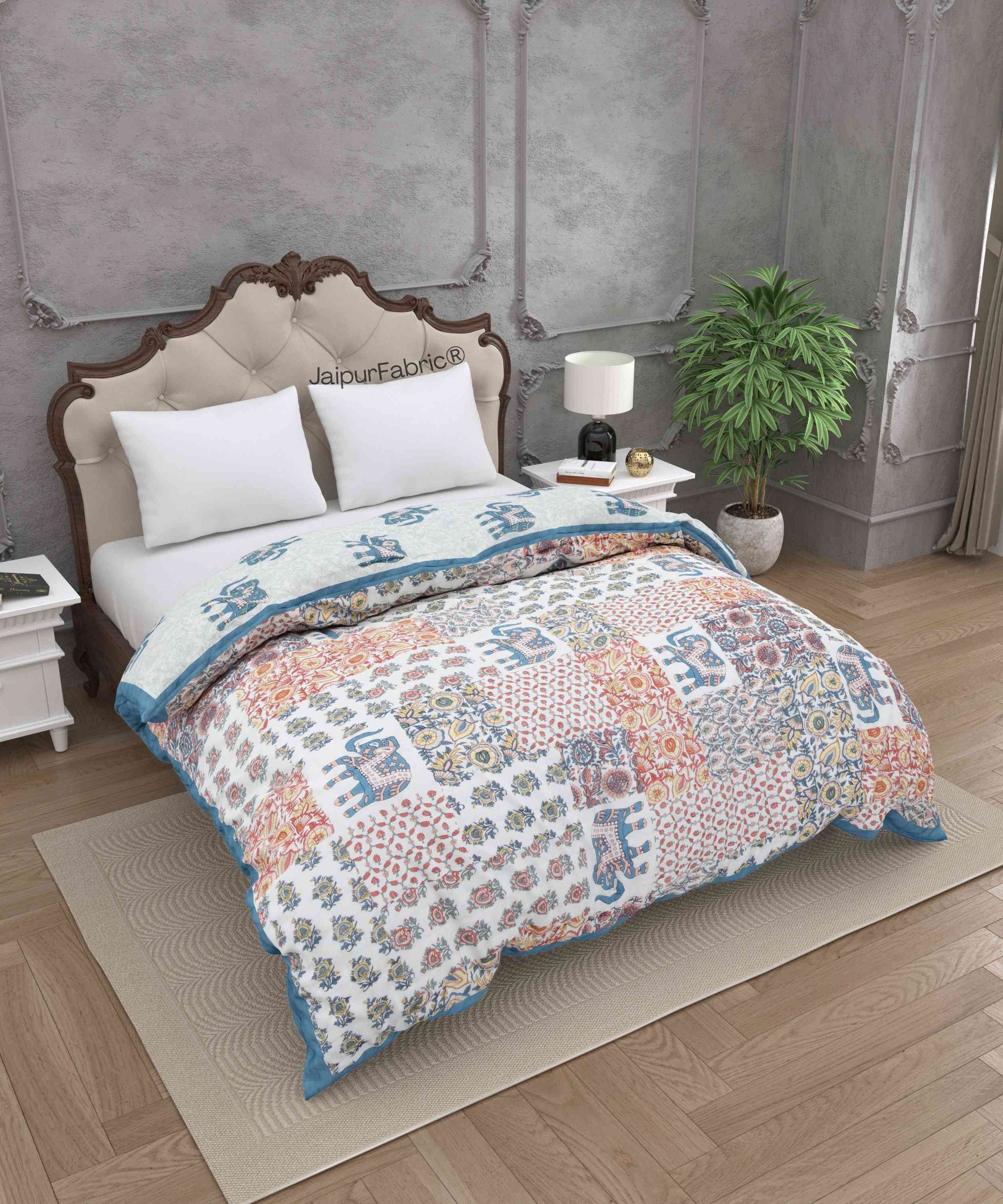 Reversible Patchwork Elephant Print with Intricate Floral Design Double Sided Quilt Rajai