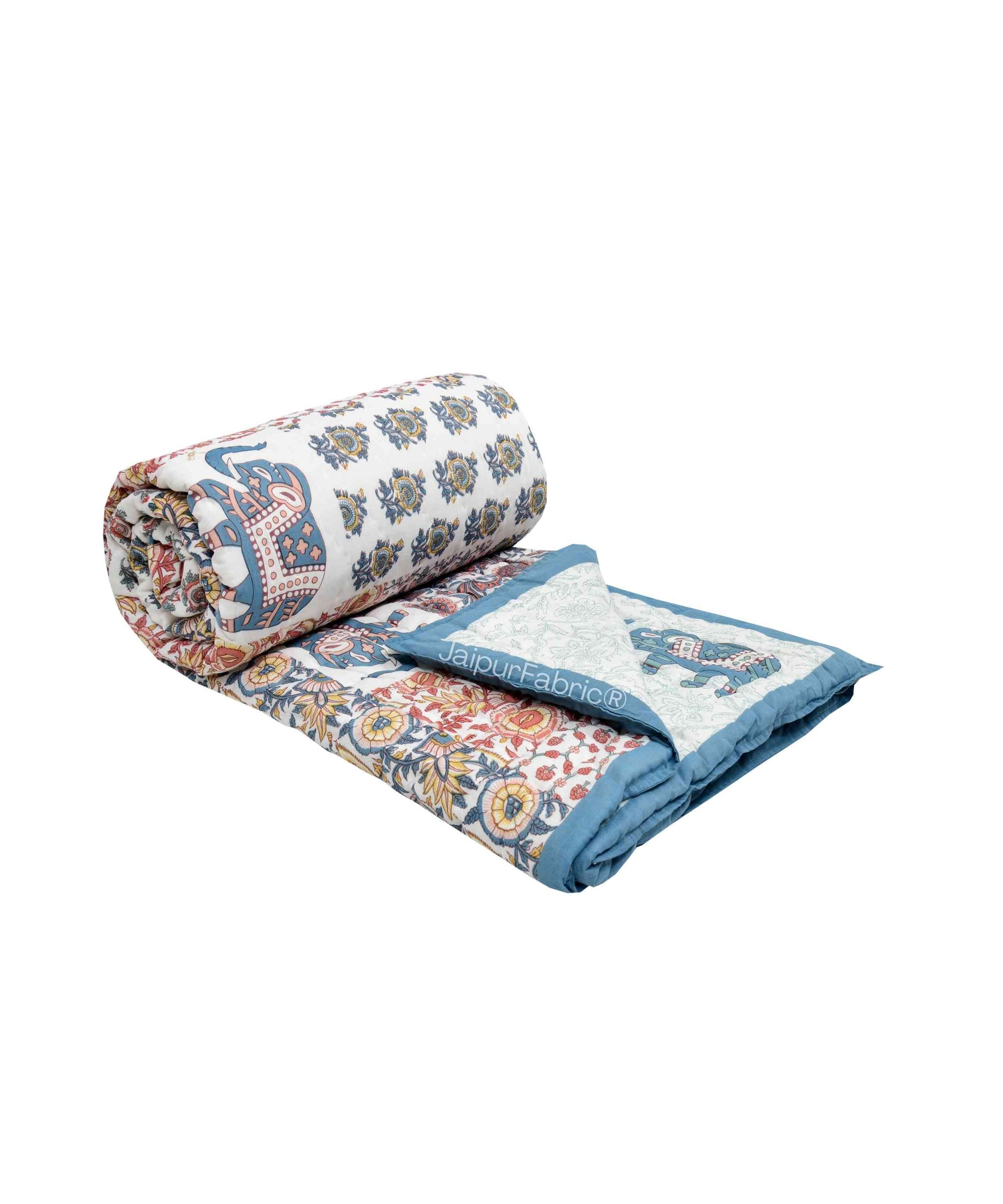 Reversible Patchwork Elephant Print with Intricate Floral Design Double Sided Quilt Rajai