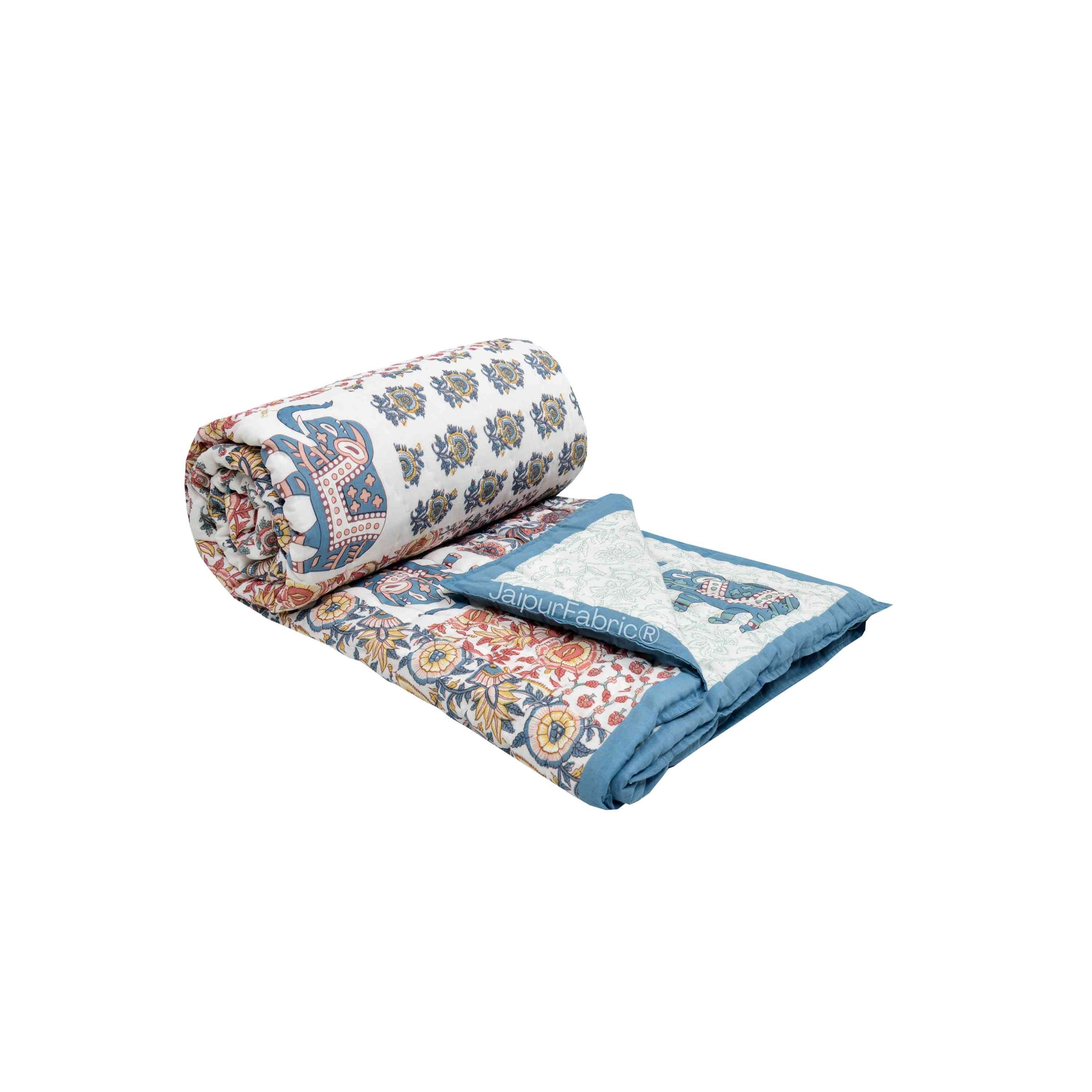 Reversible Patchwork Elephant Print with Intricate Floral Design Double Sided Quilt Rajai