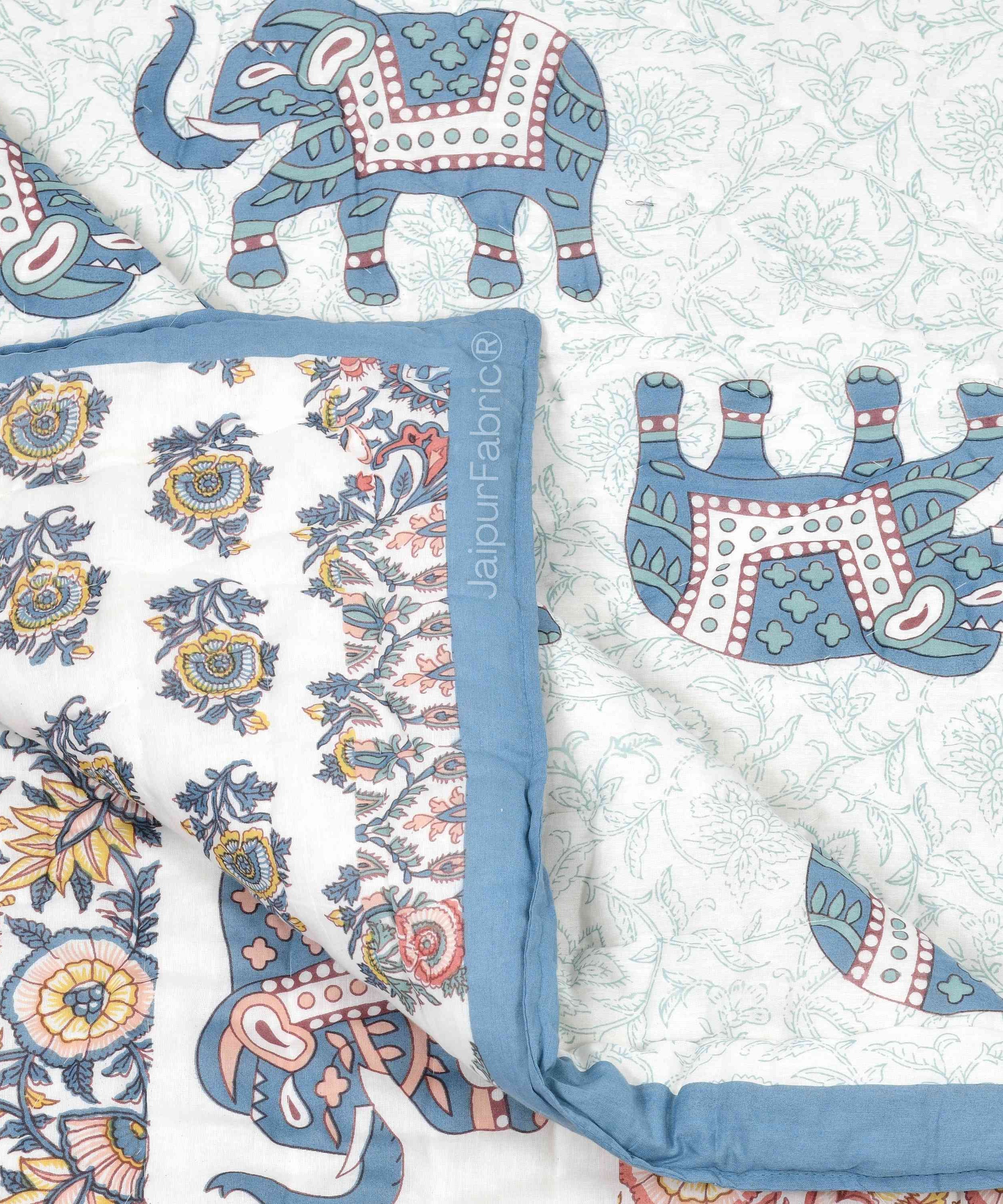 Reversible Patchwork Elephant Print with Intricate Floral Design Double Sided Quilt Rajai