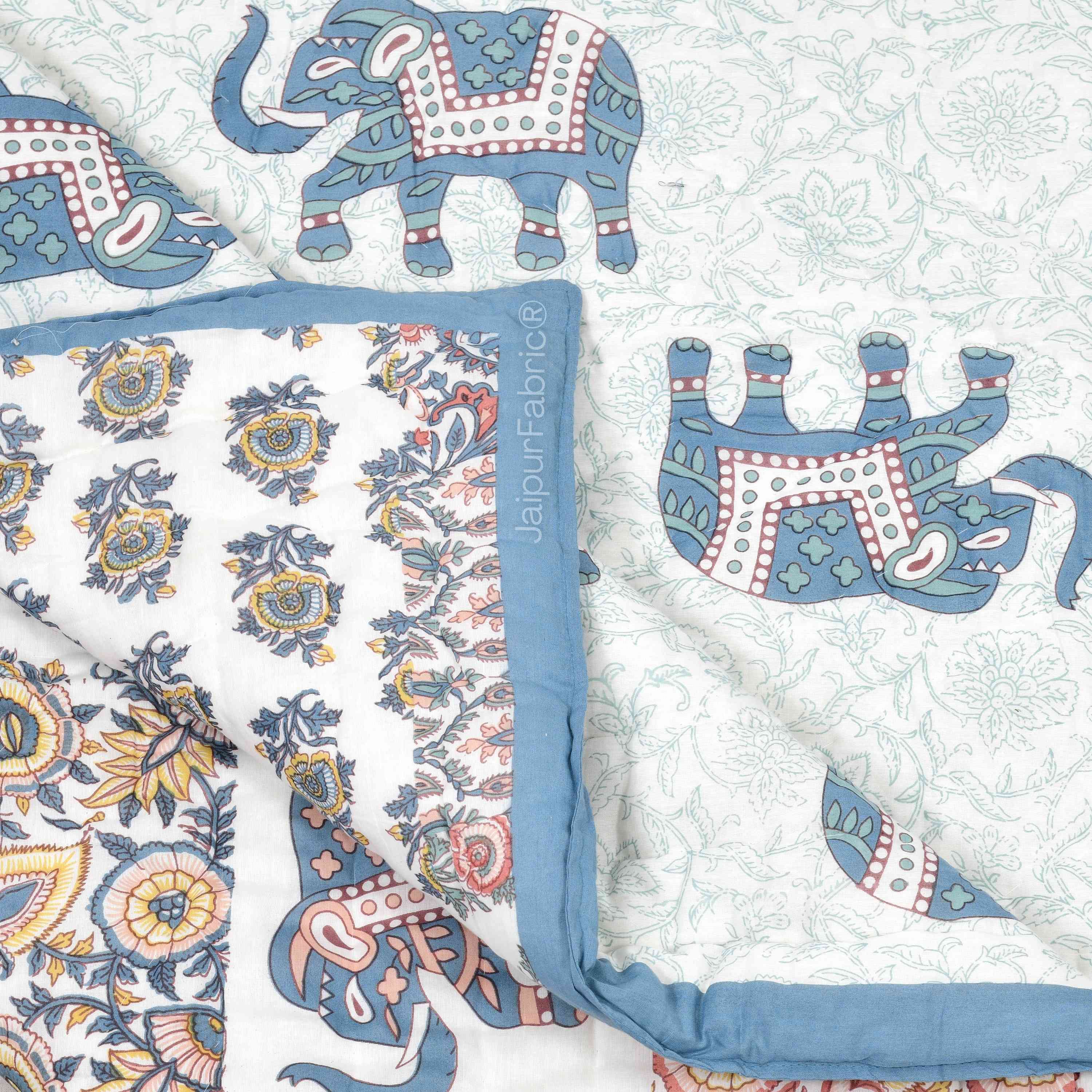 Reversible Patchwork Elephant Print with Intricate Floral Design Double Sided Quilt Rajai