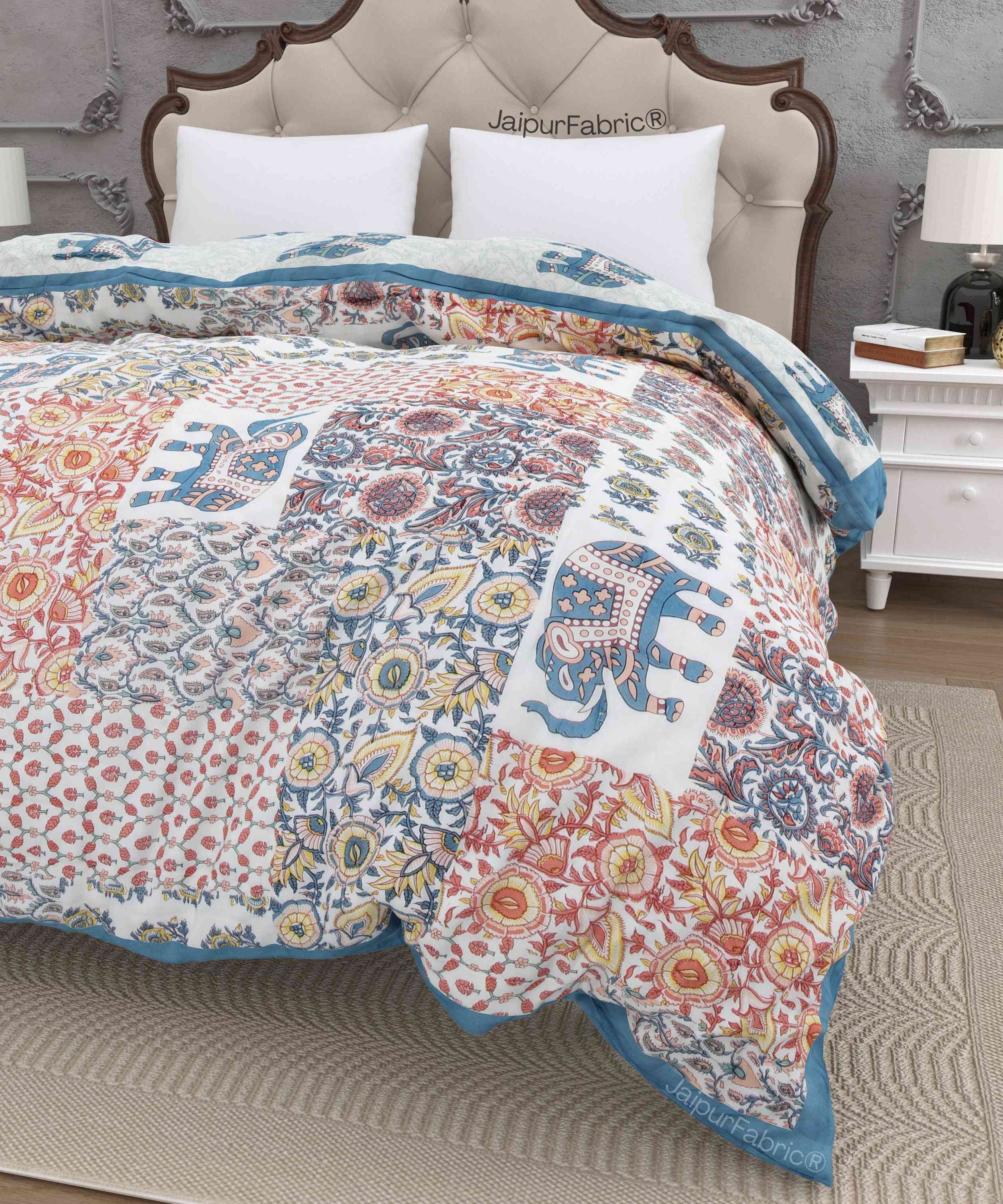 Reversible Patchwork Elephant Print with Intricate Floral Design Double Sided Quilt Rajai