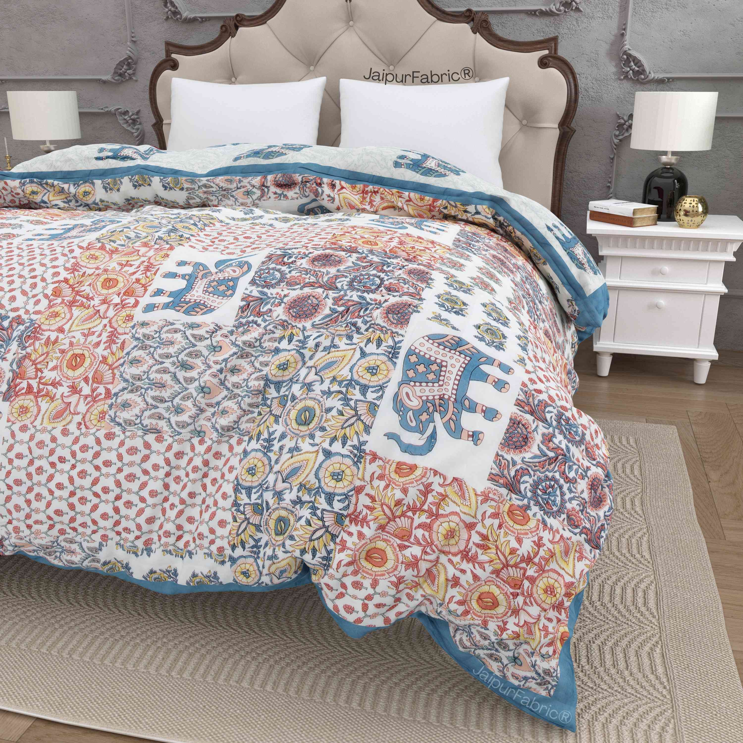 Reversible Patchwork Elephant Print with Intricate Floral Design Double Sided Quilt Rajai