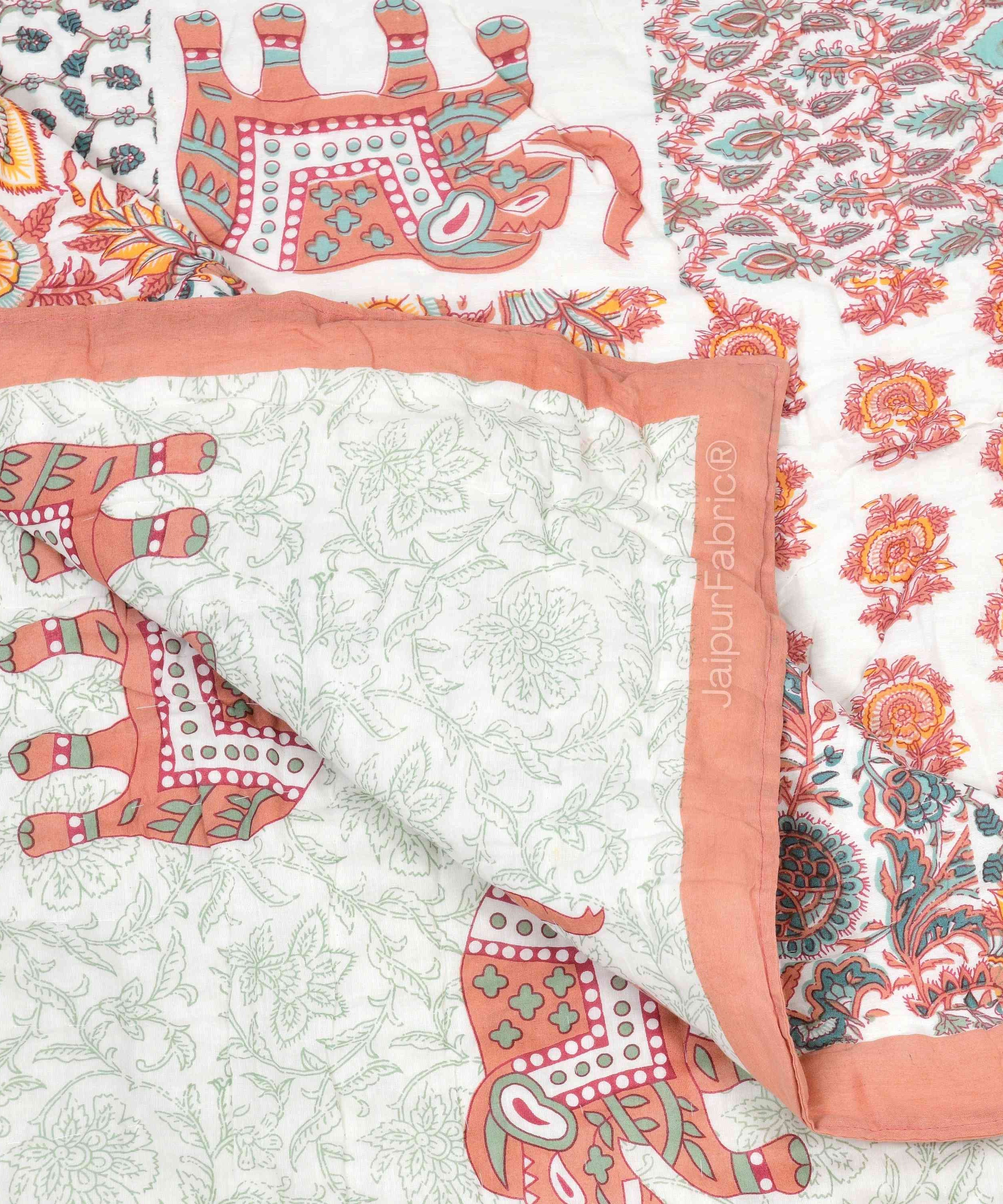 Reversible Patchwork Elephant Print Peach with Intricate Floral Design Double Sided Quilt Rajai