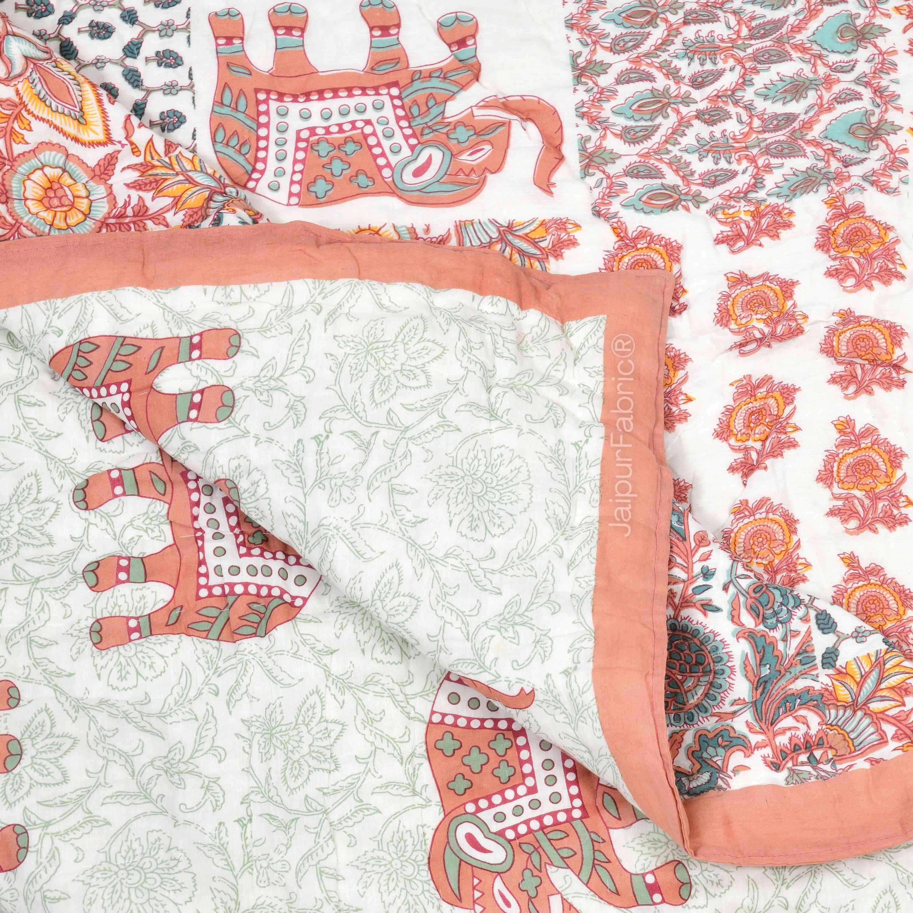 Reversible Patchwork Elephant Print Peach with Intricate Floral Design Double Sided Quilt Rajai