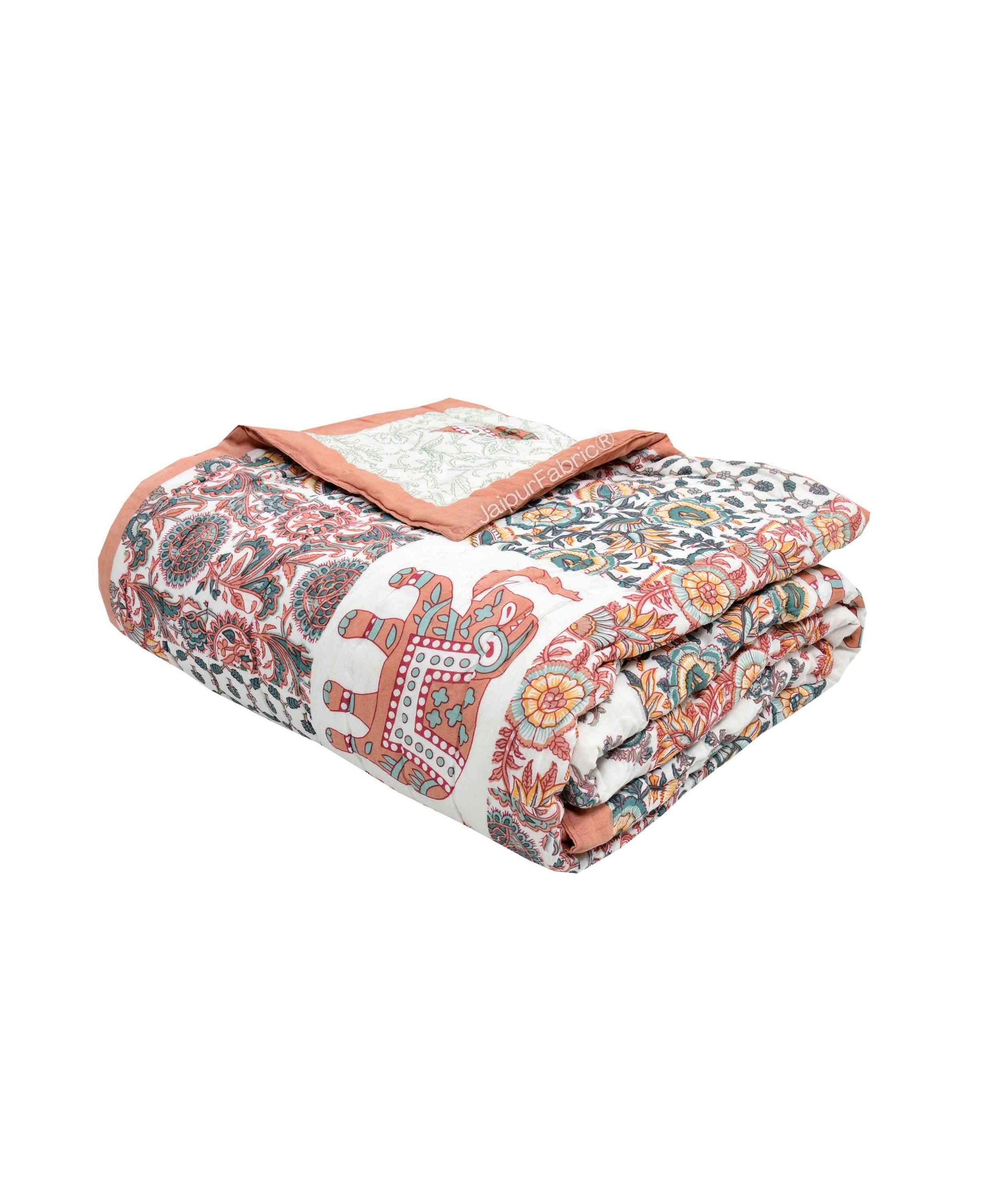 Reversible Patchwork Elephant Print Peach with Intricate Floral Design Double Sided Quilt Rajai