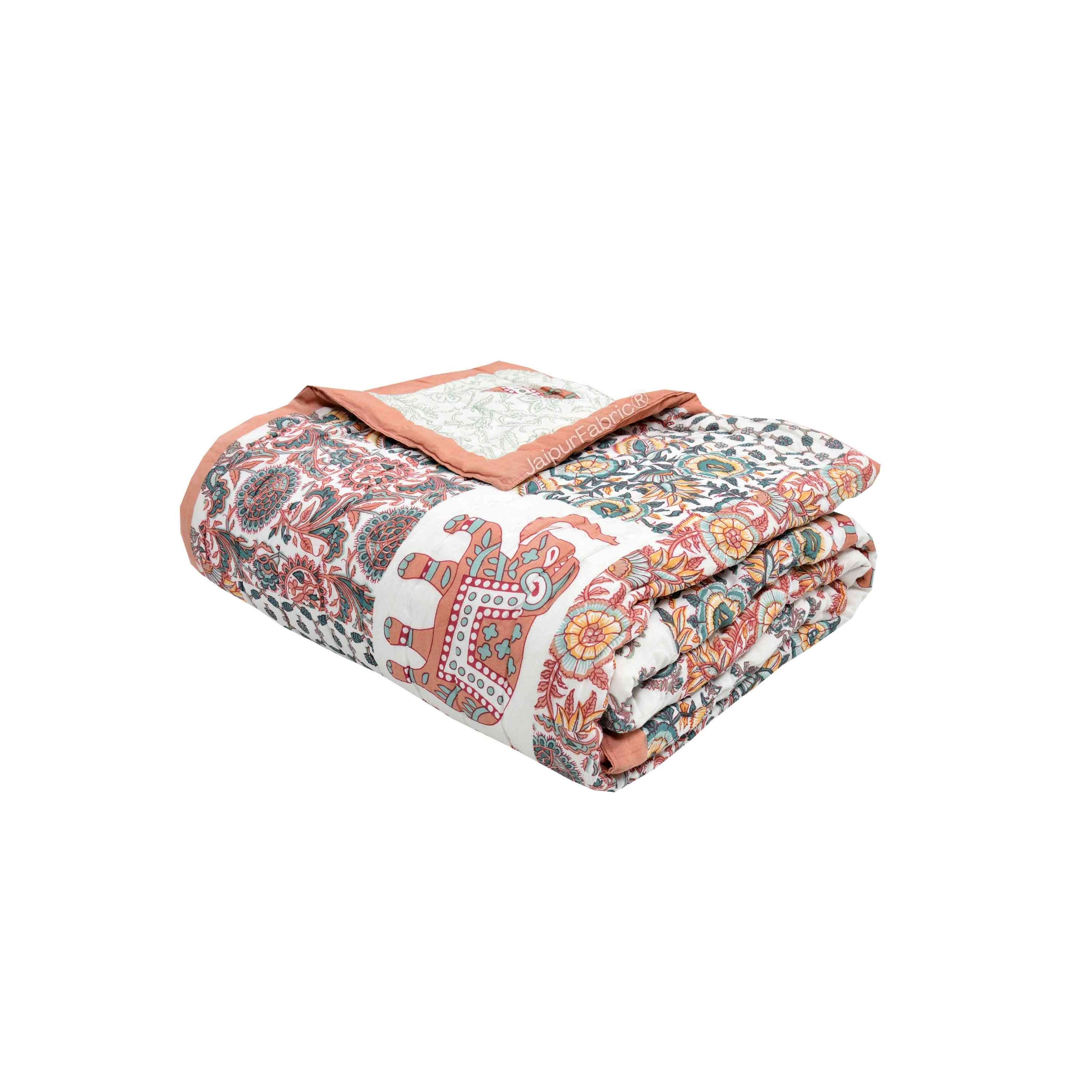 Reversible Patchwork Elephant Print Peach with Intricate Floral Design Double Sided Quilt Rajai