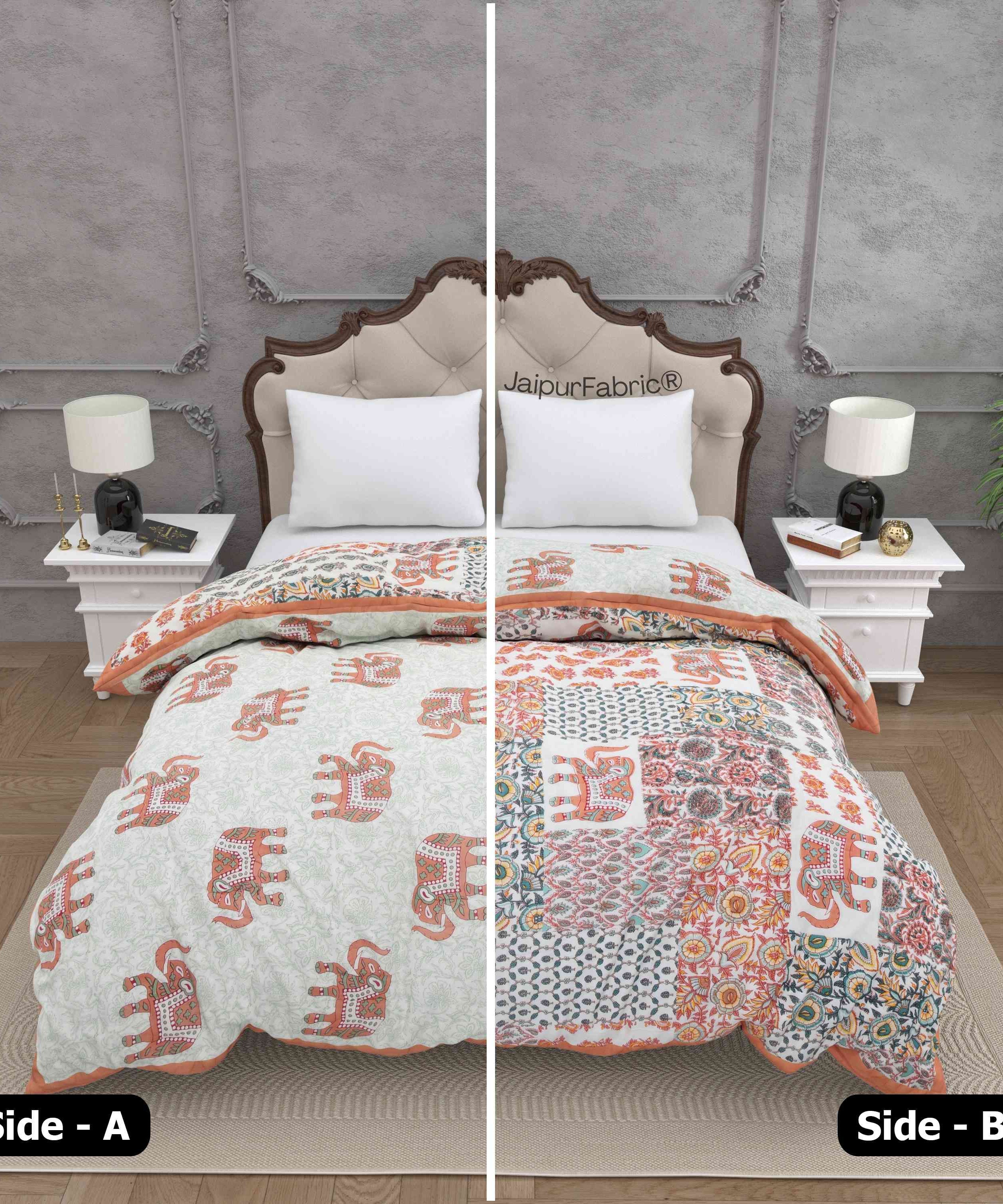 Reversible Patchwork Elephant Print Peach with Intricate Floral Design Double Sided Quilt Rajai