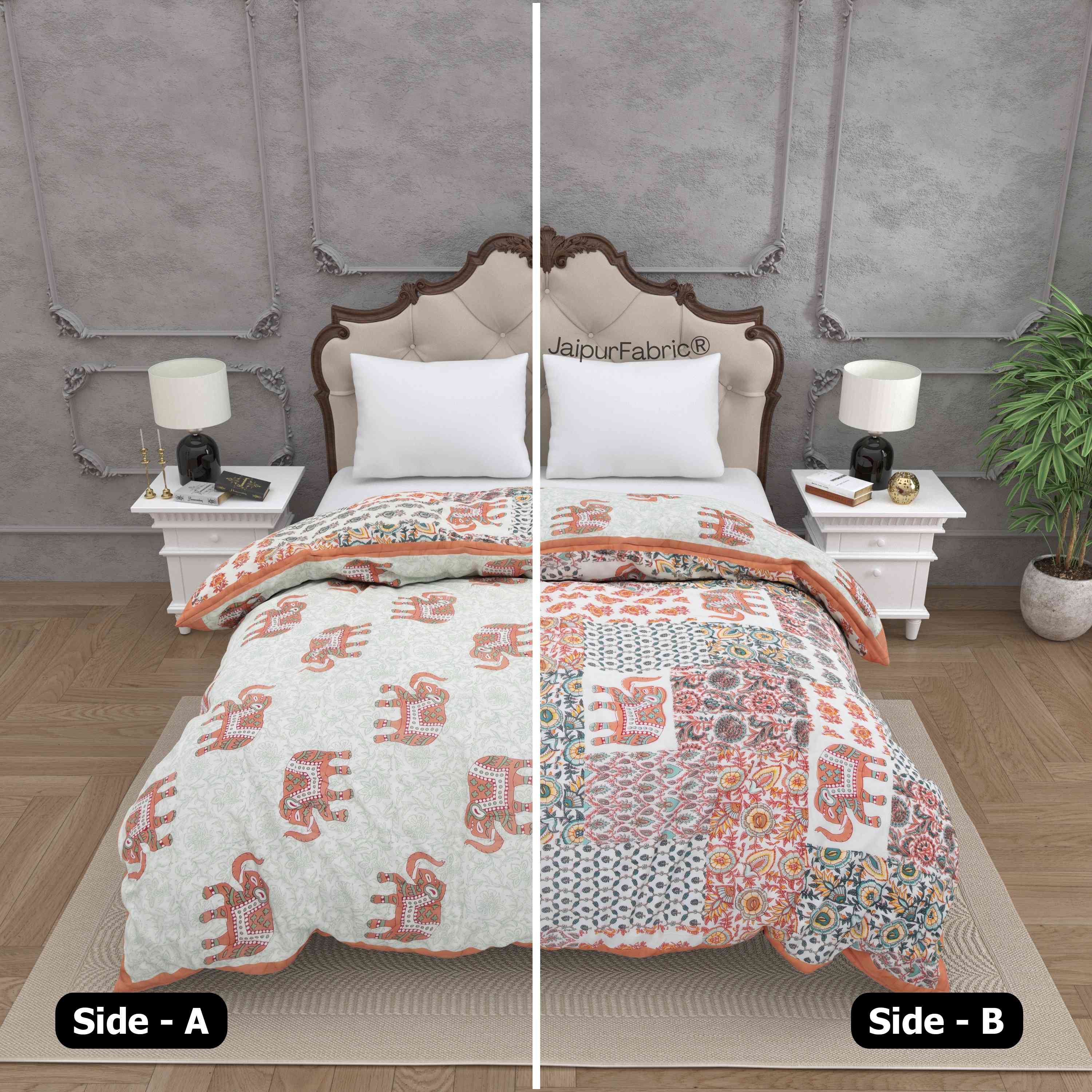 Reversible Patchwork Elephant Print Peach with Intricate Floral Design Double Sided Quilt Rajai