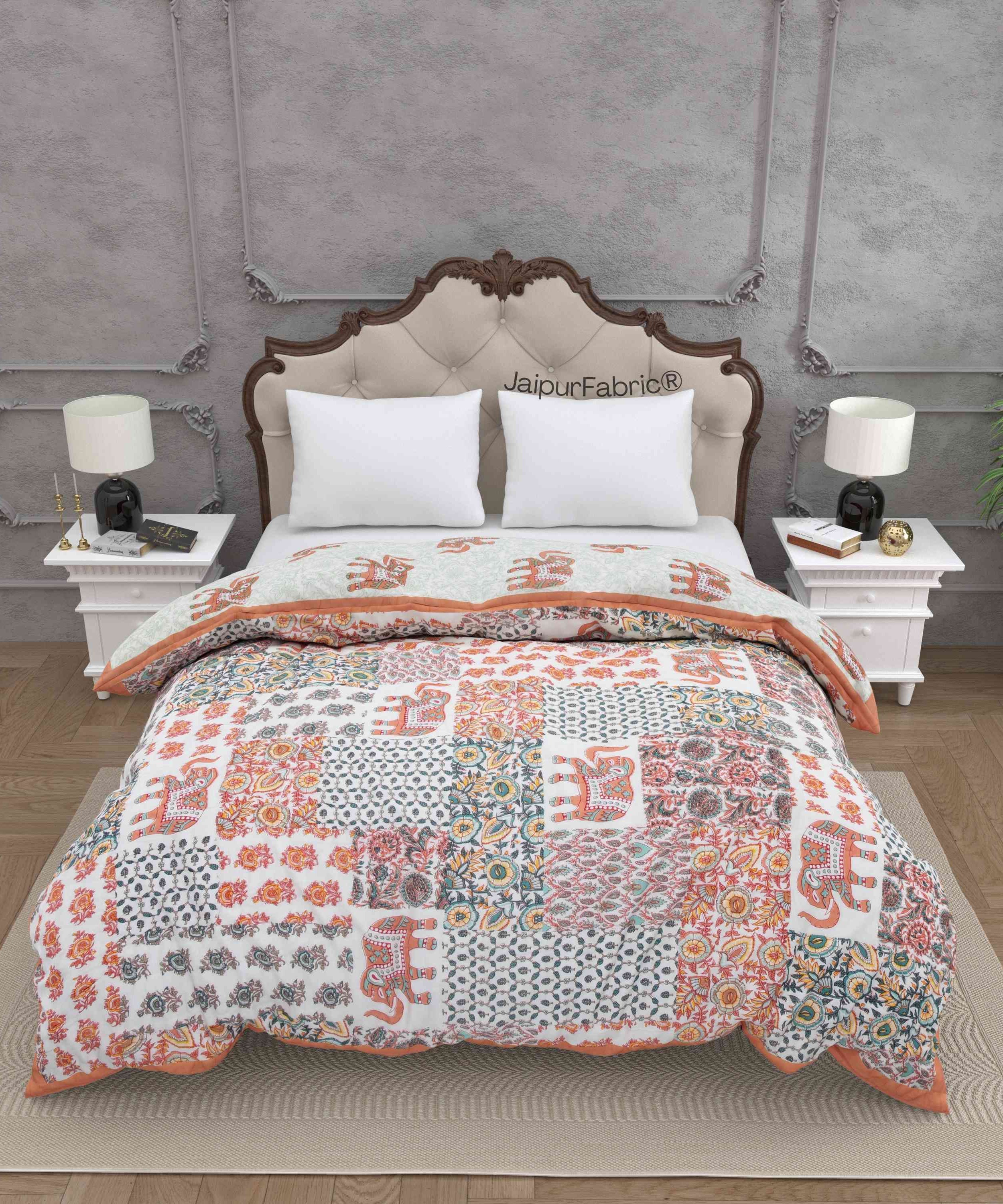 Reversible Patchwork Elephant Print Peach with Intricate Floral Design Double Sided Quilt Rajai