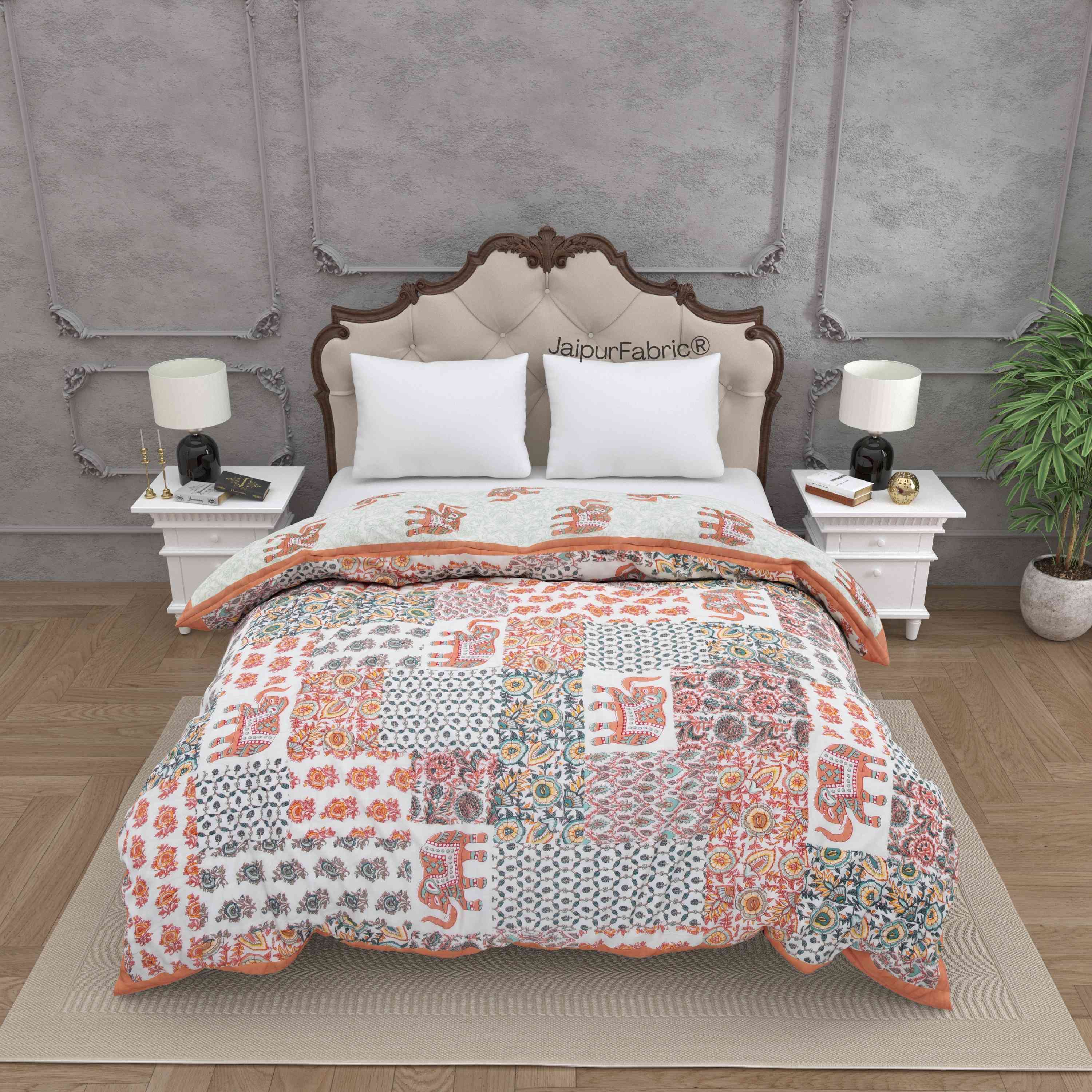 Reversible Patchwork Elephant Print Peach with Intricate Floral Design Double Sided Quilt Rajai