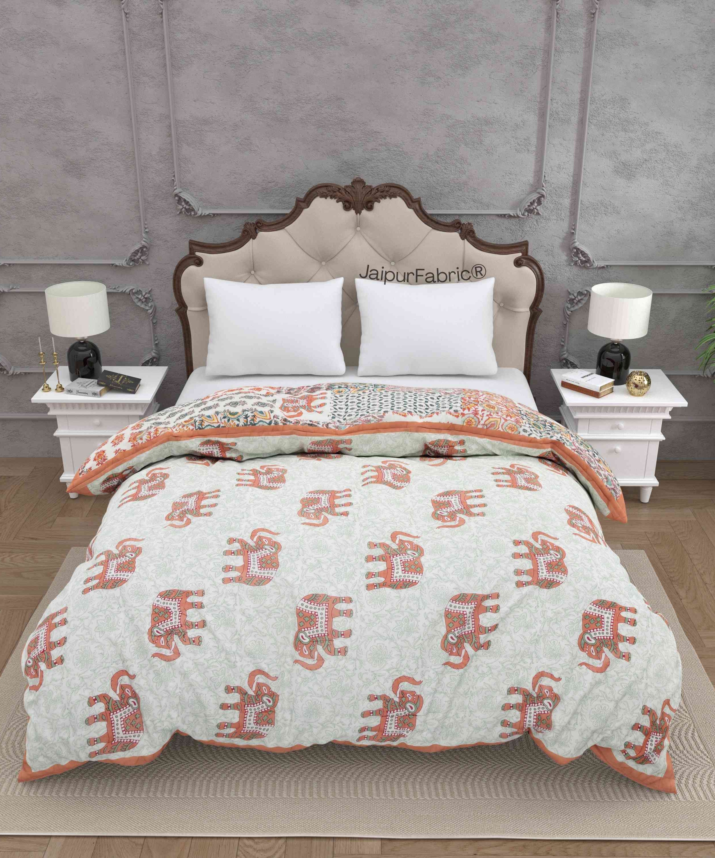Reversible Patchwork Elephant Print Peach with Intricate Floral Design Double Sided Quilt Rajai