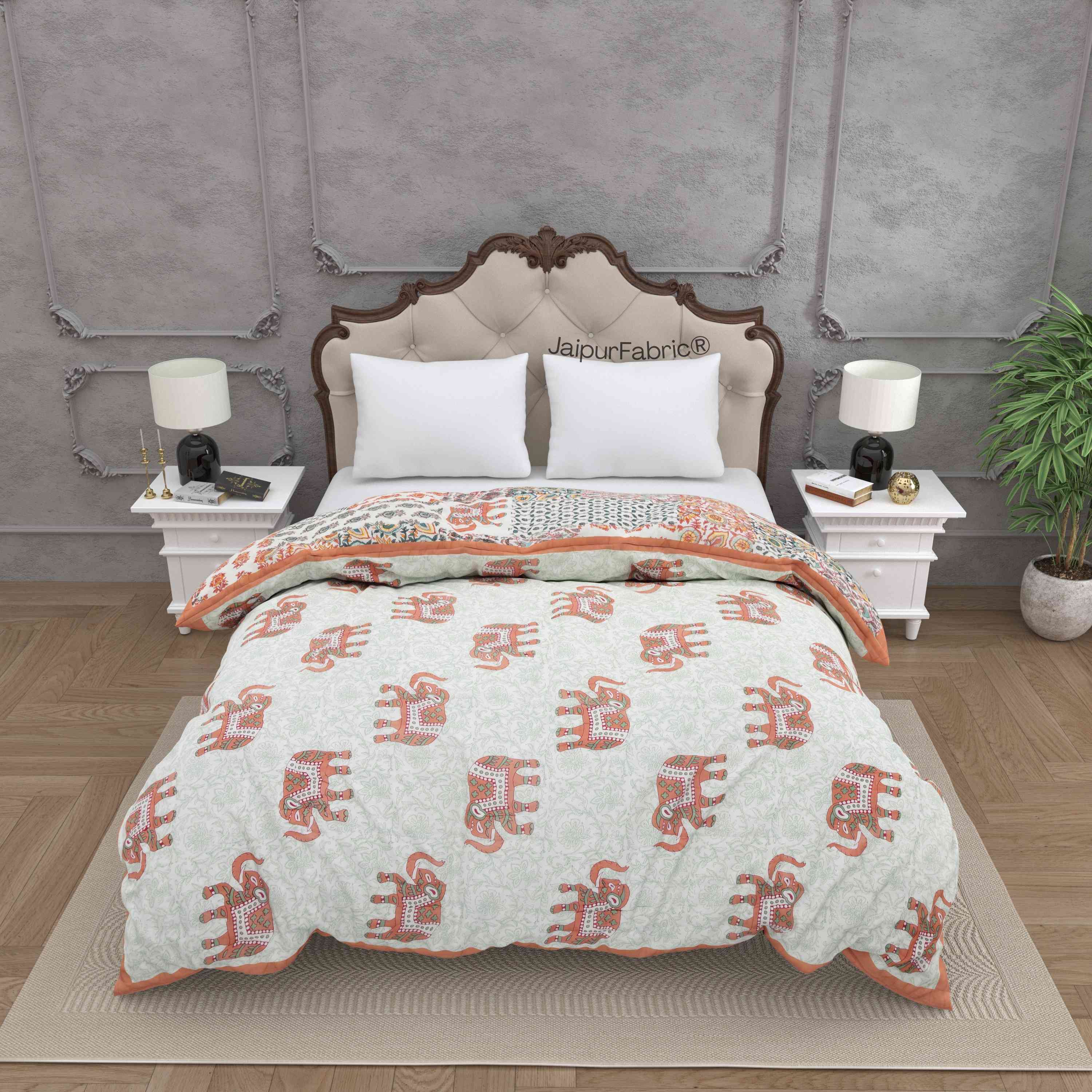 Reversible Patchwork Elephant Print Peach with Intricate Floral Design Double Sided Quilt Rajai