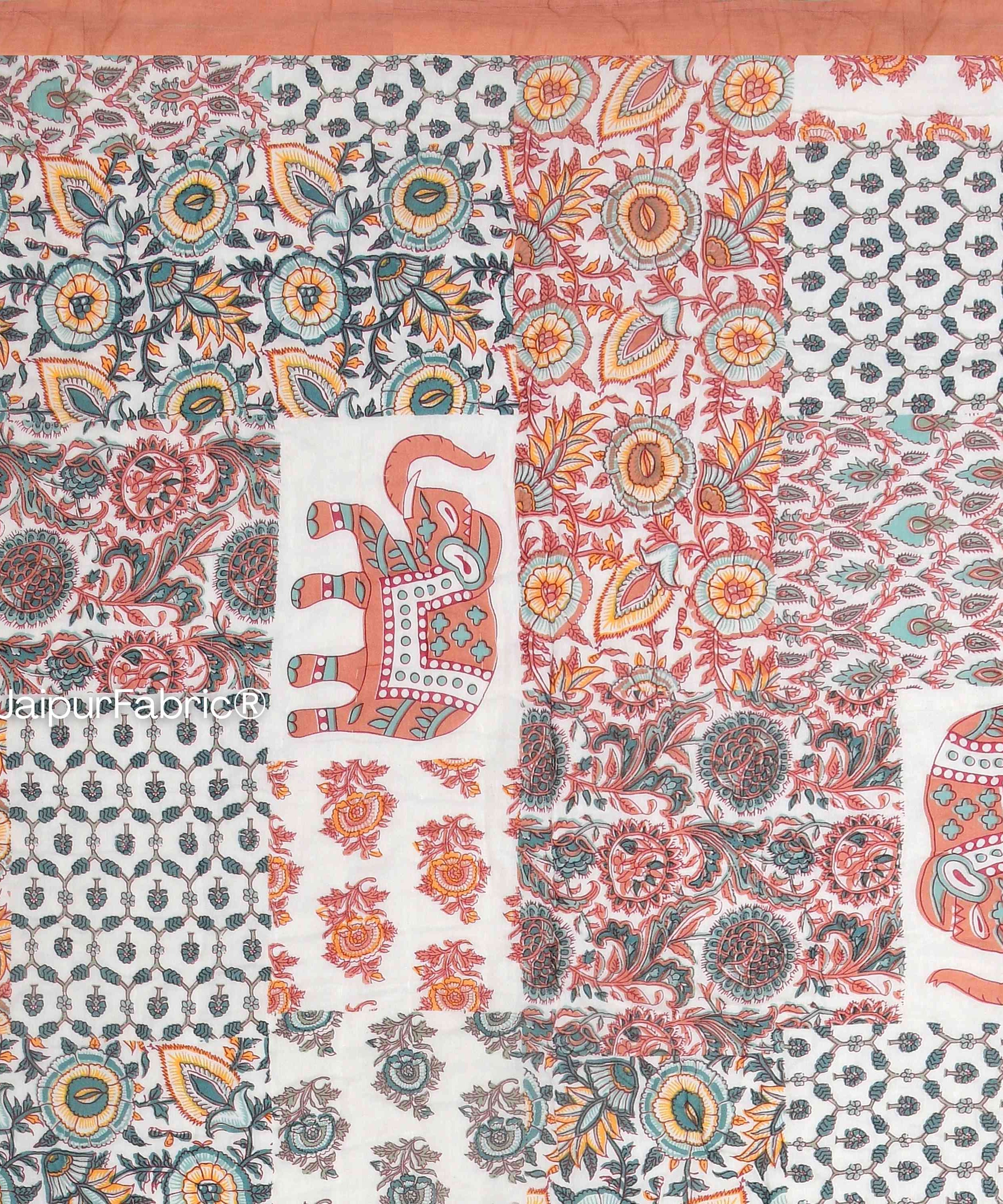 Reversible Patchwork Elephant Print Peach with Intricate Floral Design Double Sided Quilt Rajai