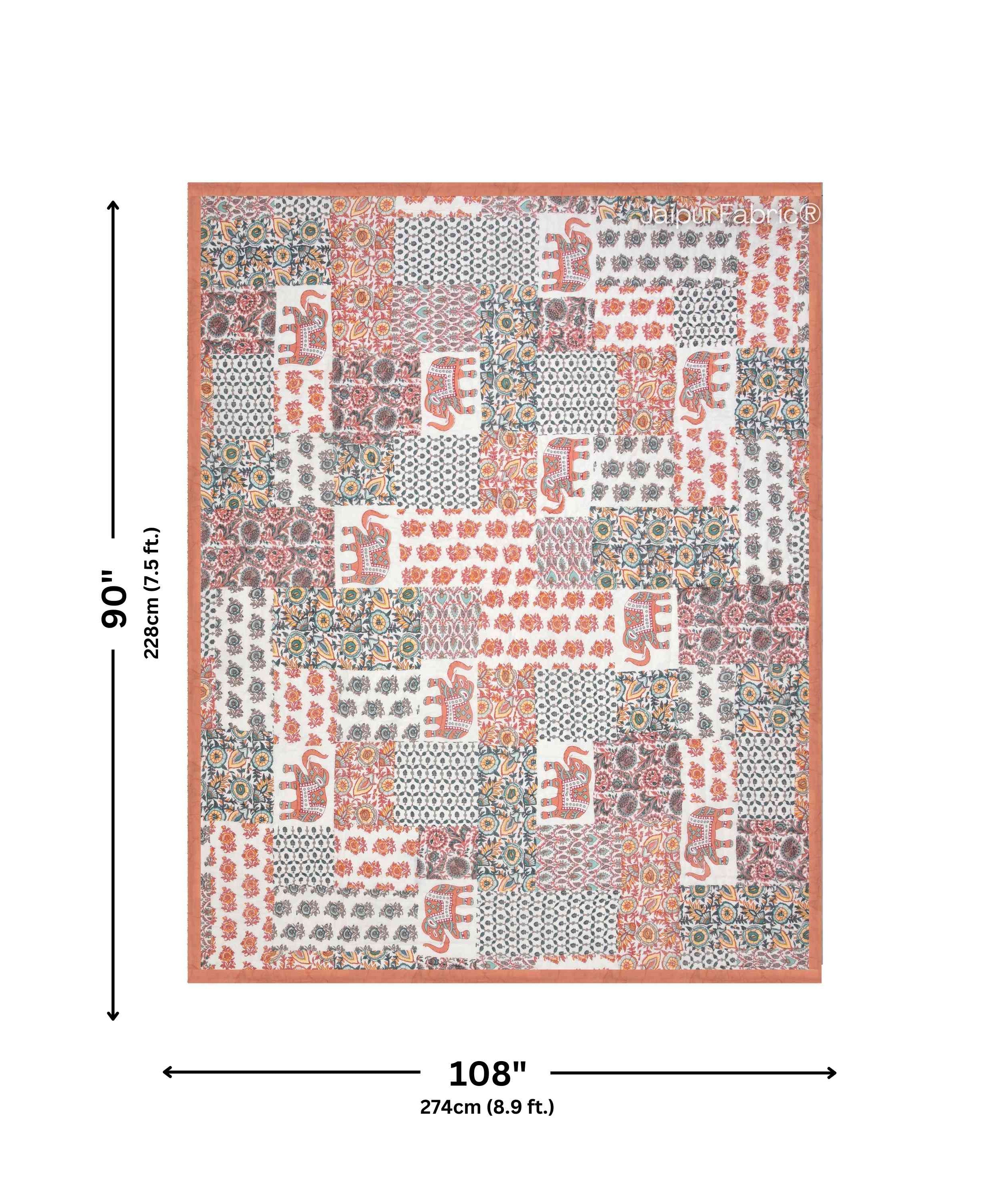 Reversible Patchwork Elephant Print Peach with Intricate Floral Design Double Sided Quilt Rajai