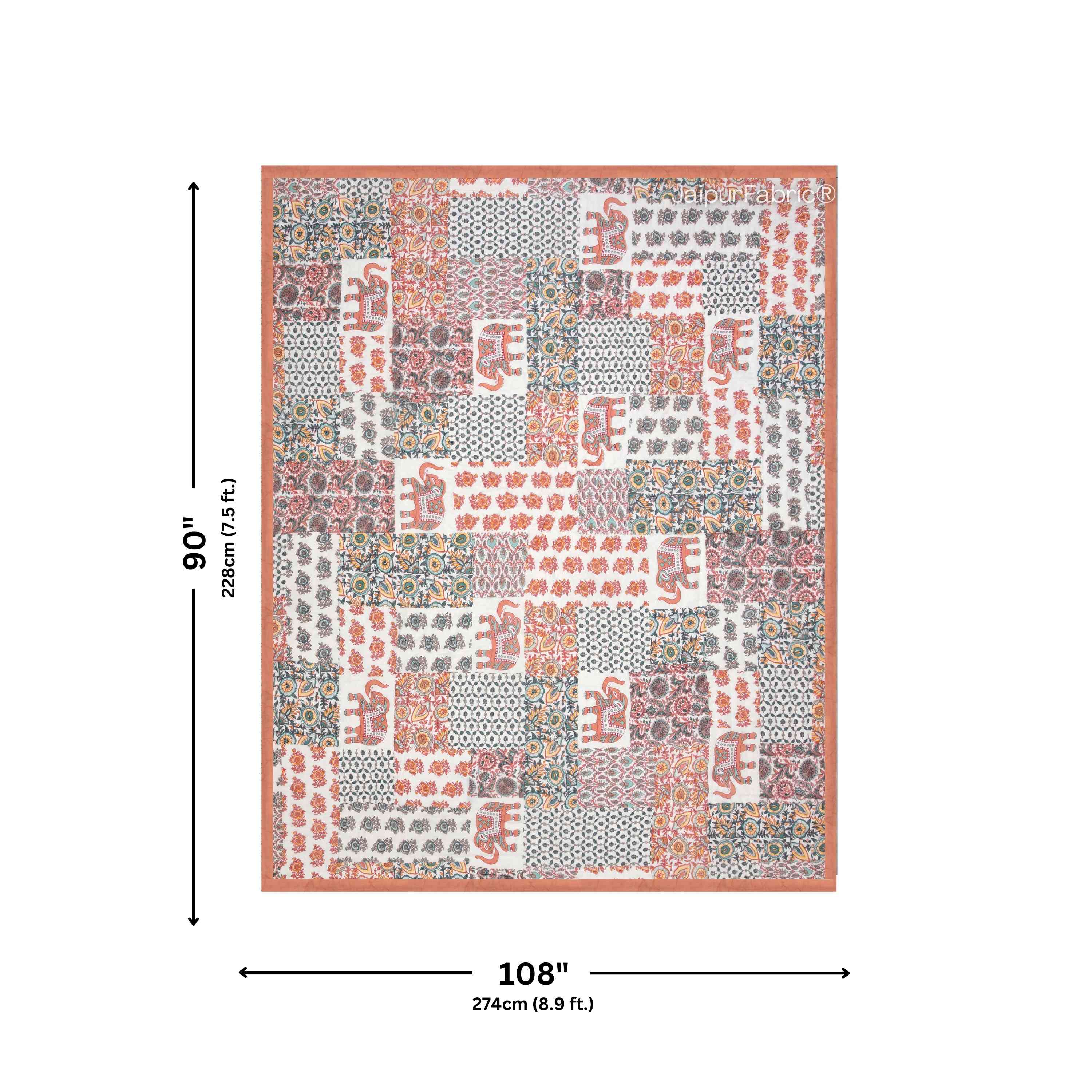 Reversible Patchwork Elephant Print Peach with Intricate Floral Design Double Sided Quilt Rajai