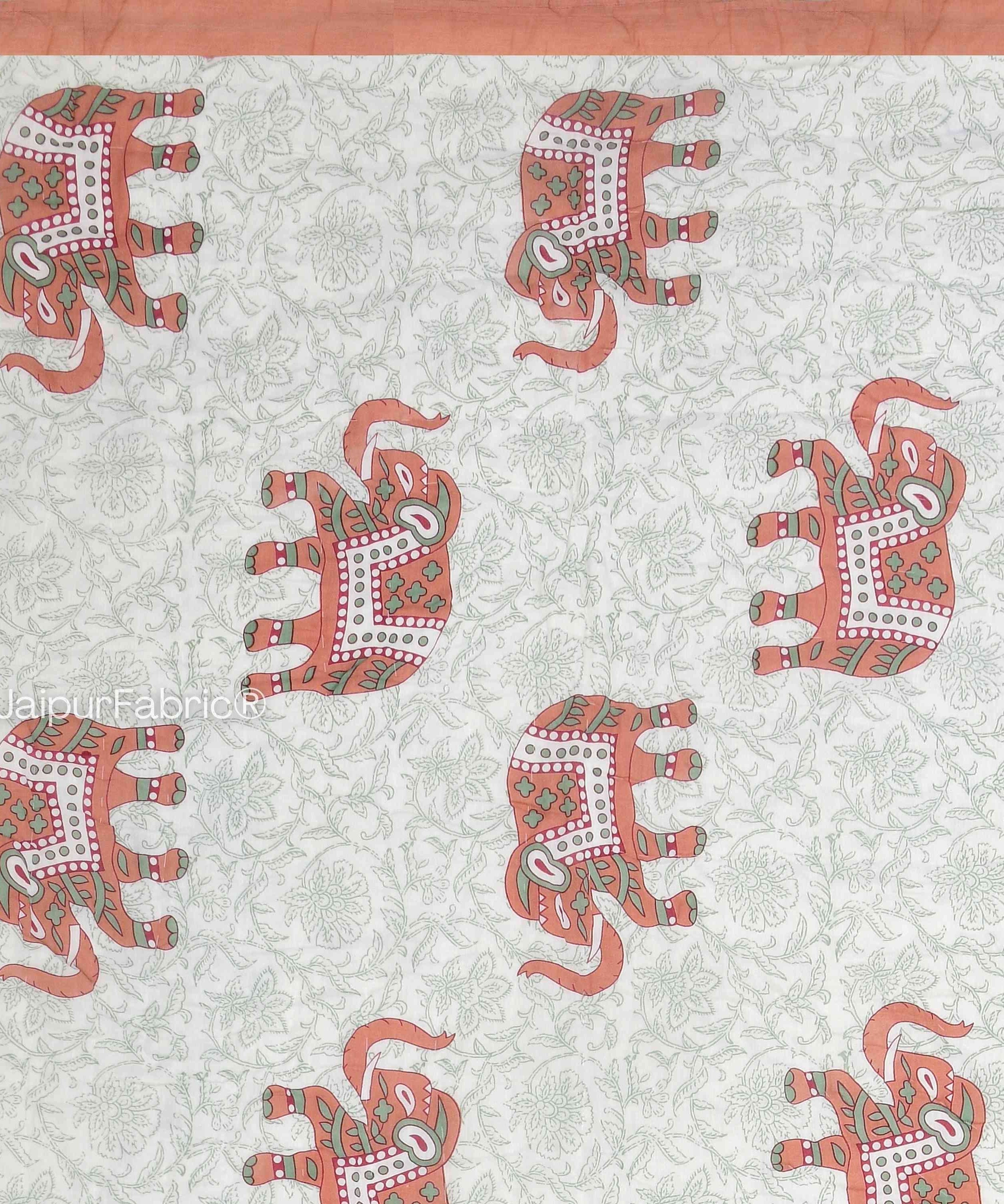 Reversible Patchwork Elephant Print Peach with Intricate Floral Design Double Sided Quilt Rajai