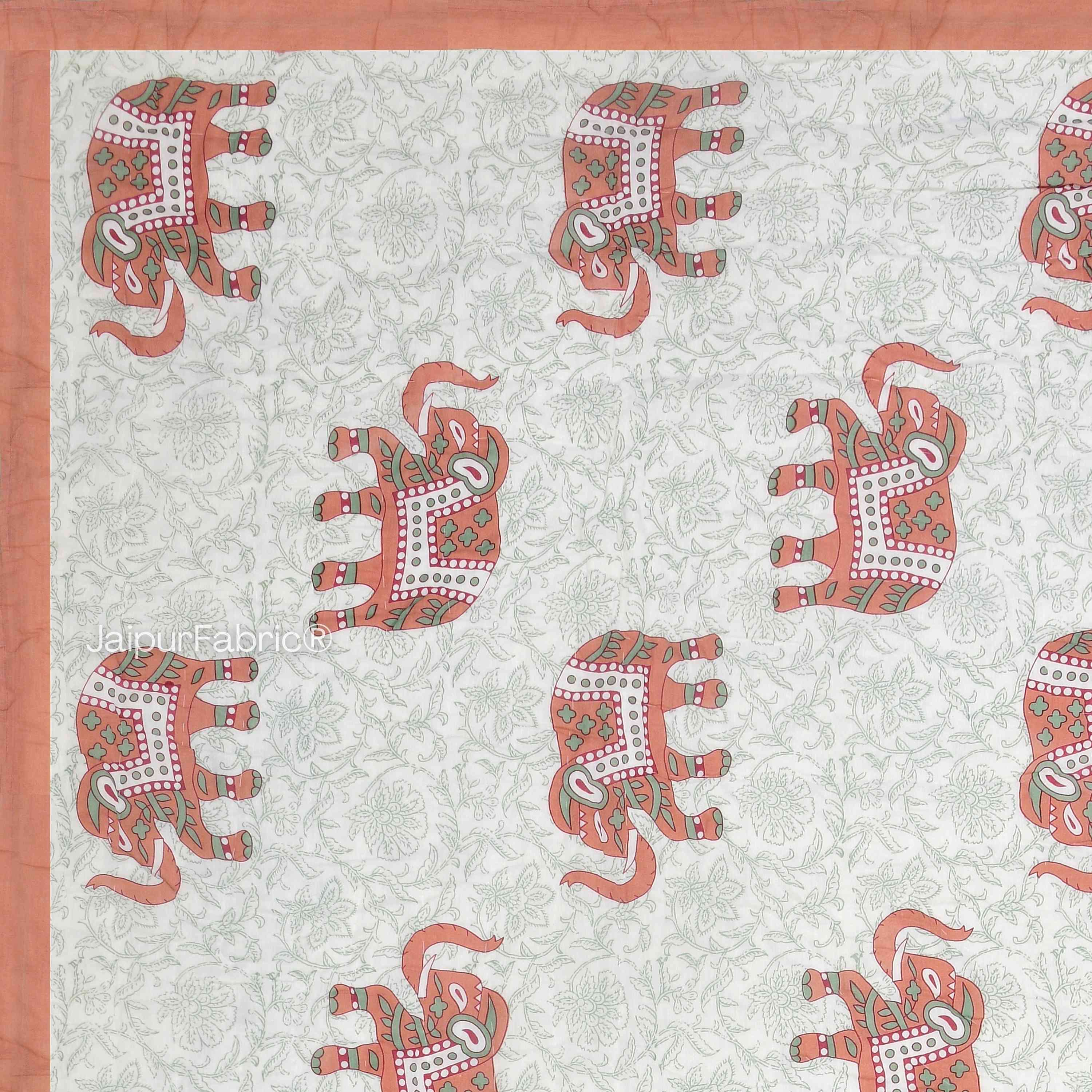 Reversible Patchwork Elephant Print Peach with Intricate Floral Design Double Sided Quilt Rajai