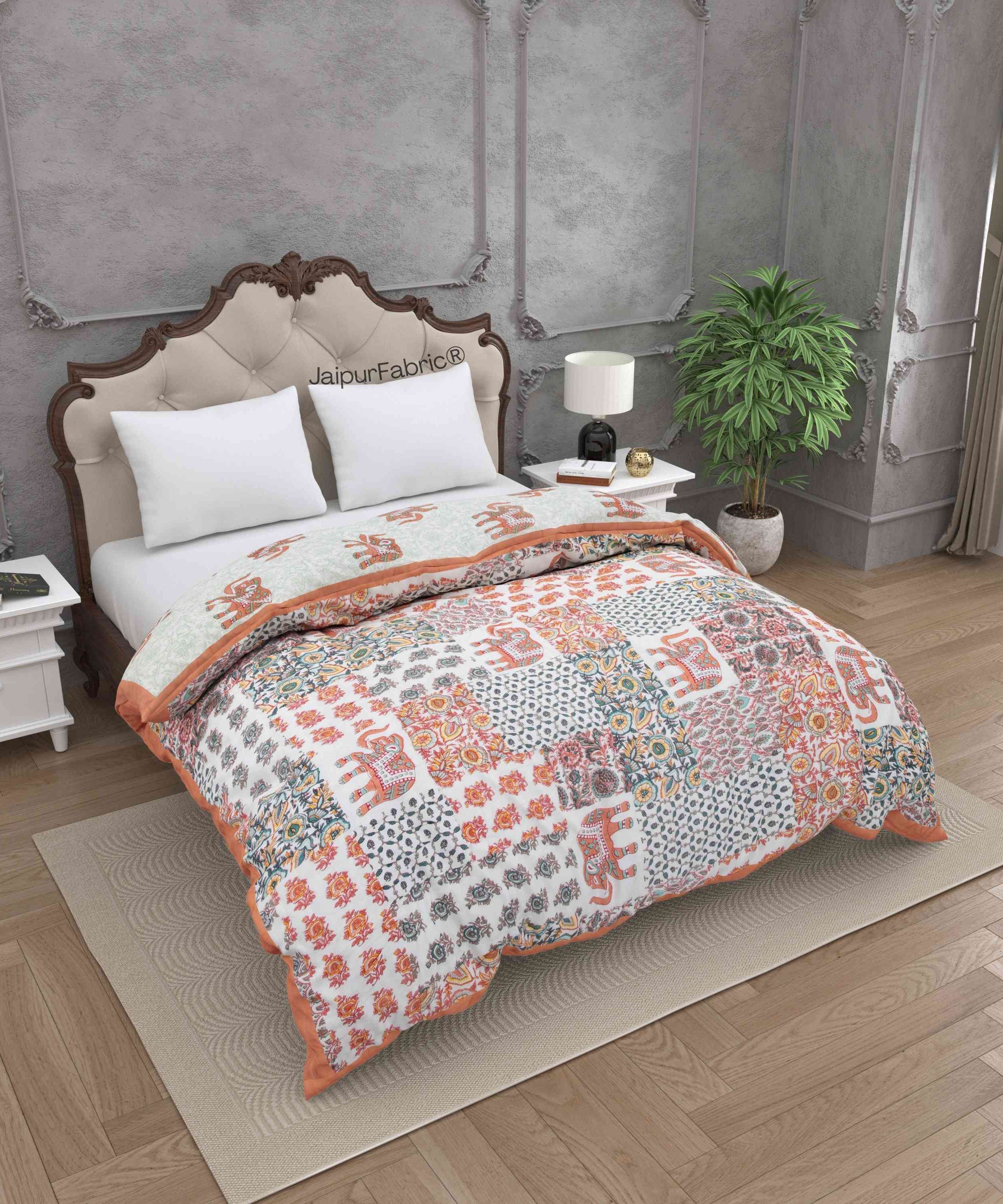 Reversible Patchwork Elephant Print Peach with Intricate Floral Design Double Sided Quilt Rajai