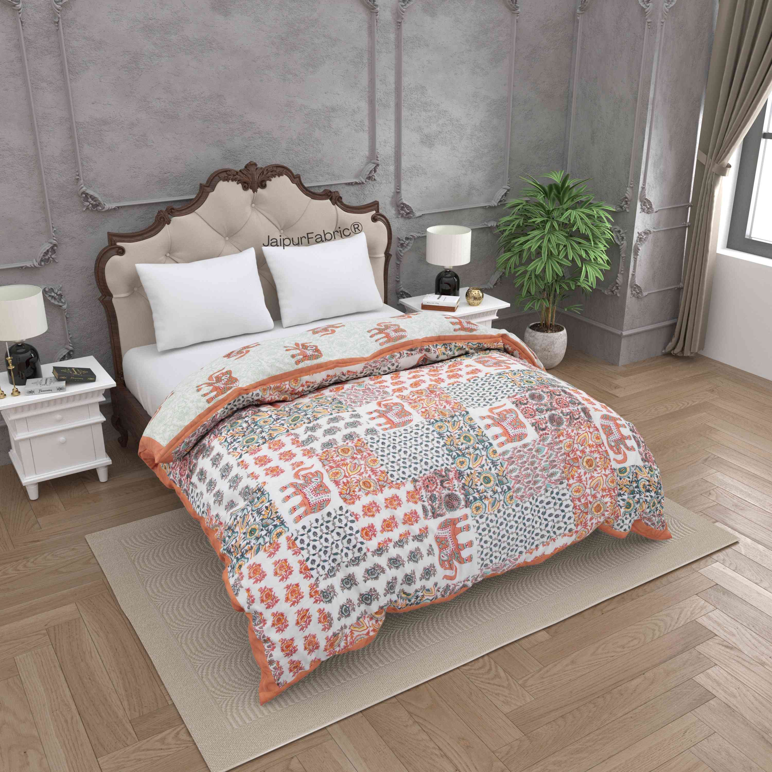 Reversible Patchwork Elephant Print Peach with Intricate Floral Design Double Sided Quilt Rajai