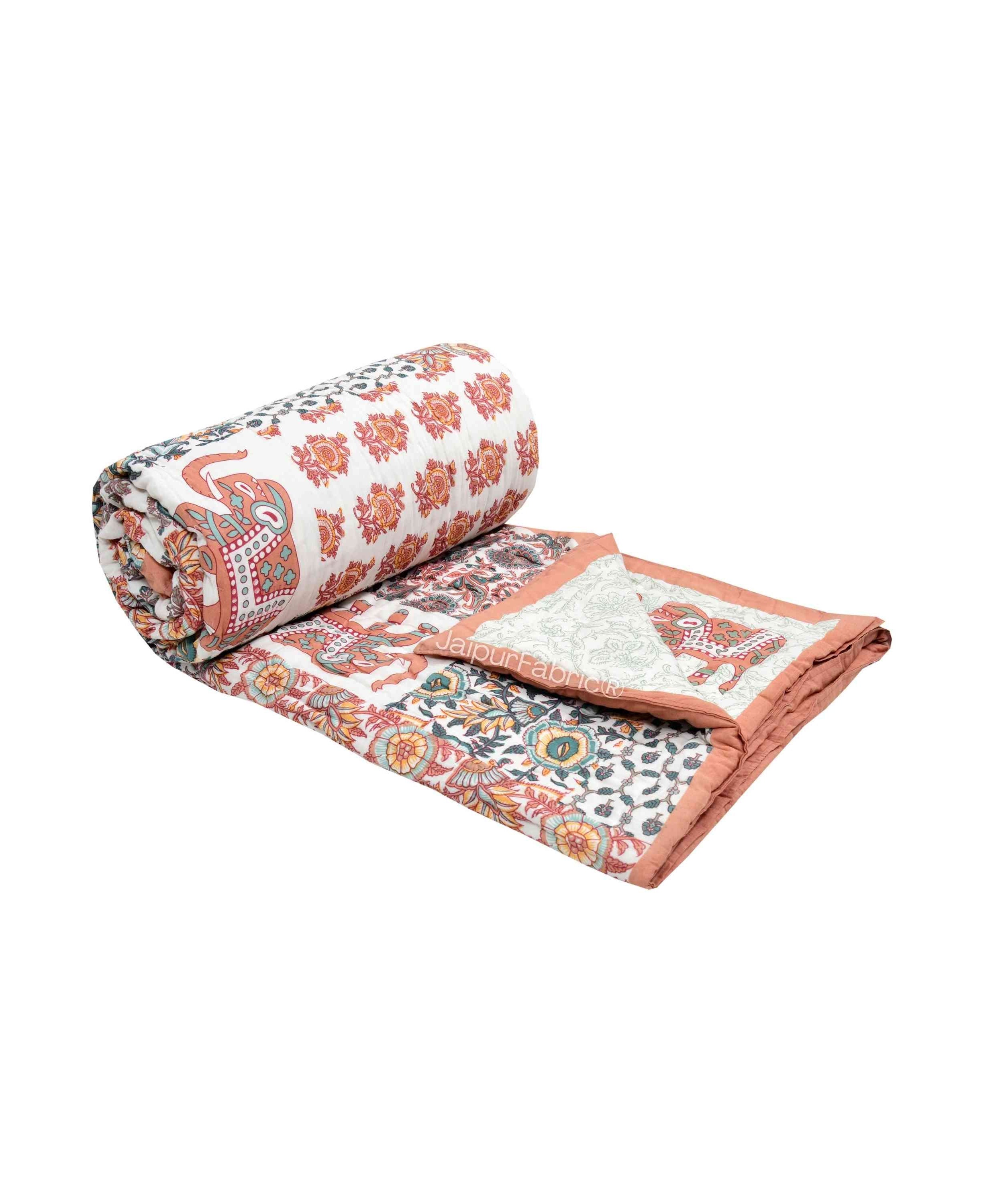 Reversible Patchwork Elephant Print Peach with Intricate Floral Design Double Sided Quilt Rajai