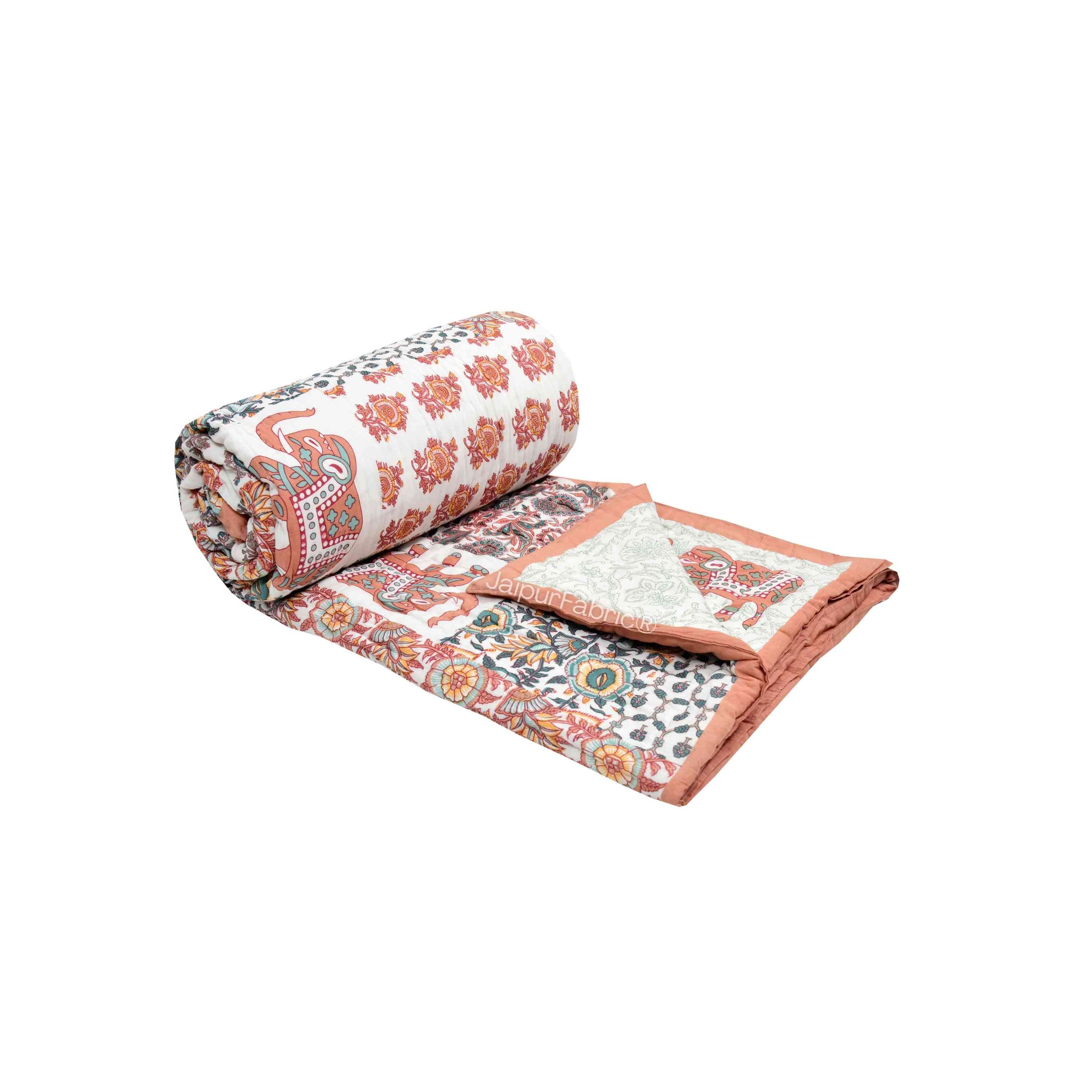 Reversible Patchwork Elephant Print Peach with Intricate Floral Design Double Sided Quilt Rajai