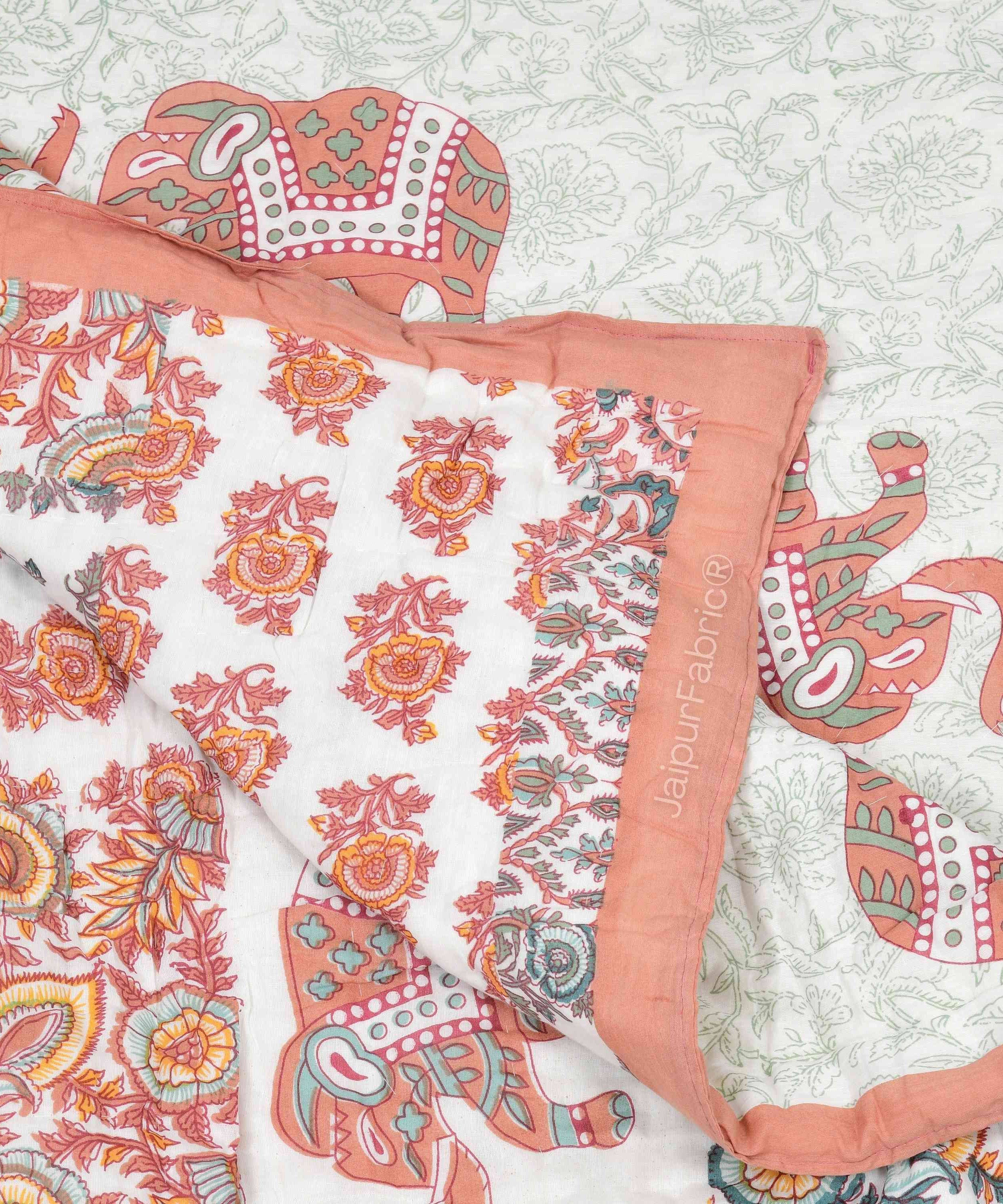 Reversible Patchwork Elephant Print Peach with Intricate Floral Design Double Sided Quilt Rajai