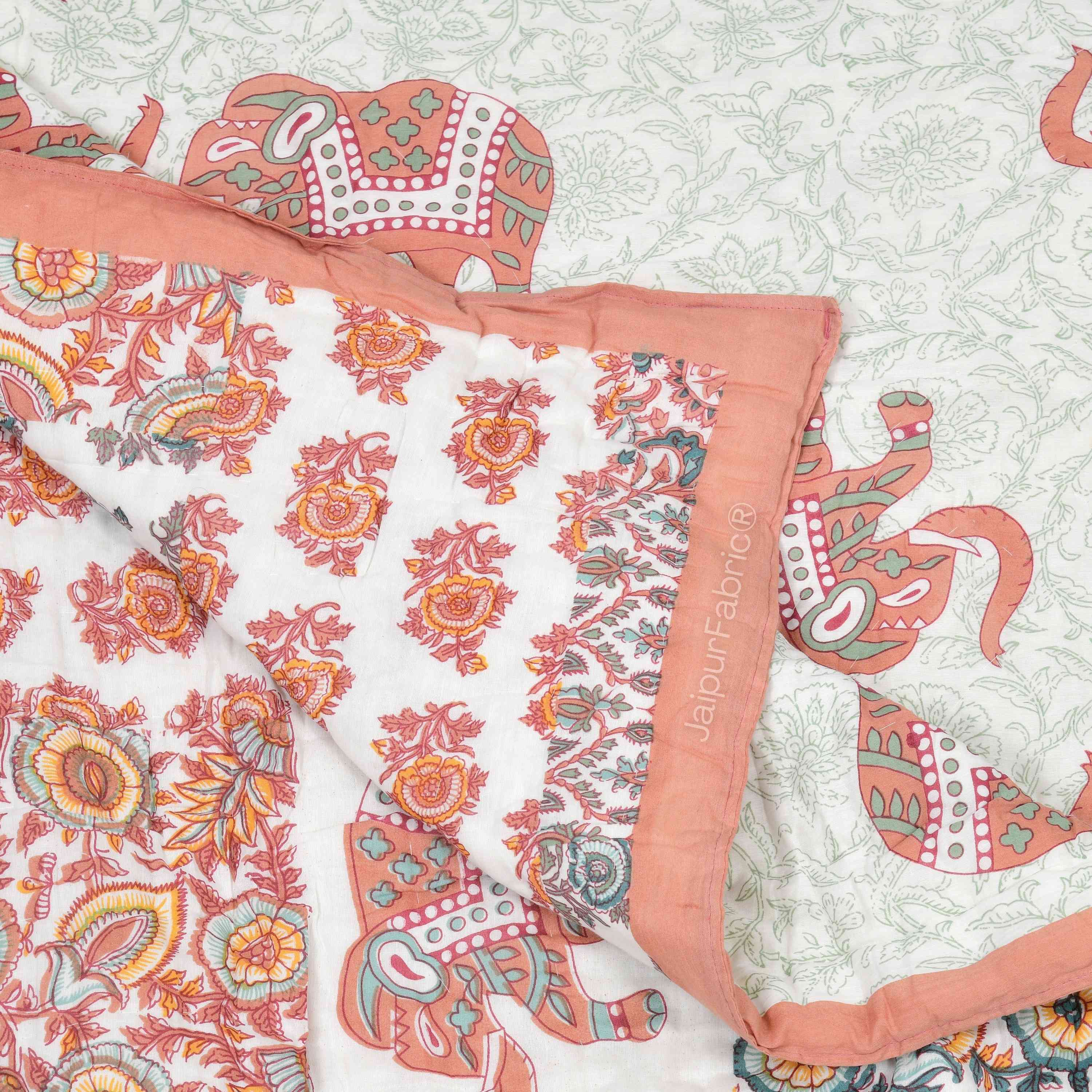 Reversible Patchwork Elephant Print Peach with Intricate Floral Design Double Sided Quilt Rajai