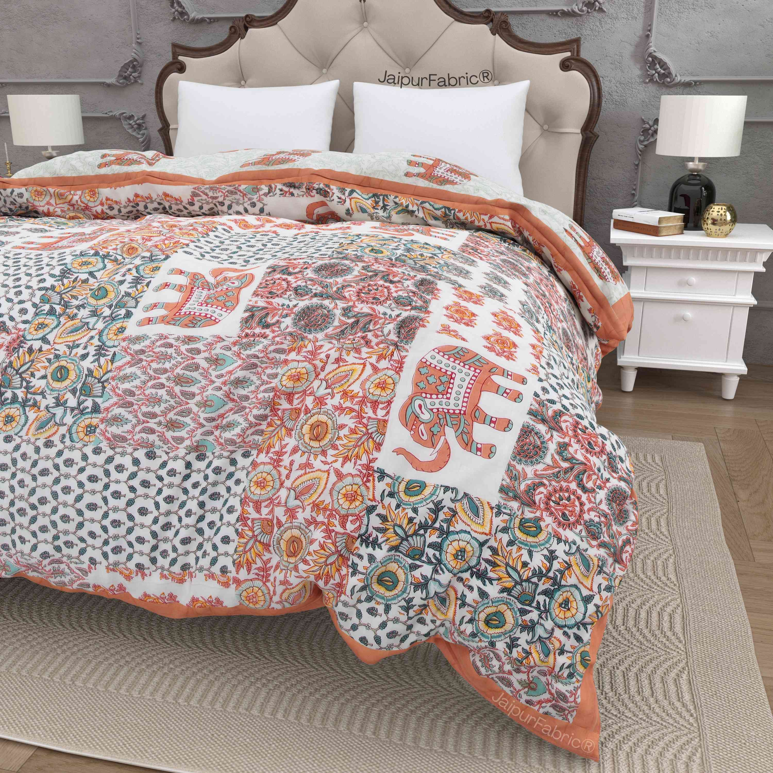 Reversible Patchwork Elephant Print Peach with Intricate Floral Design Double Sided Quilt Rajai
