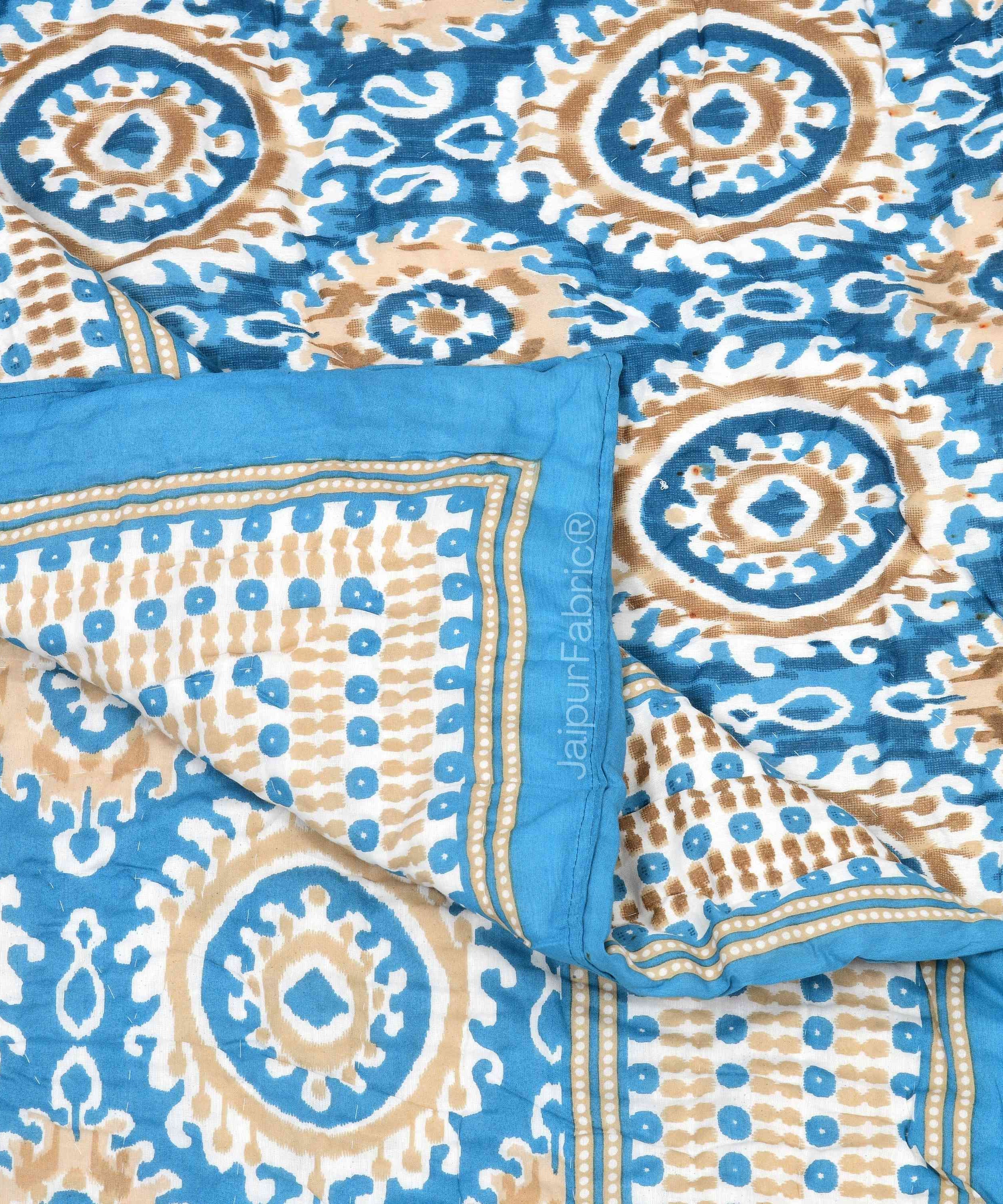 Peacock Elegance Reversible Vibrant Blue & Beige Motifs Double Bed Quilt Rajai