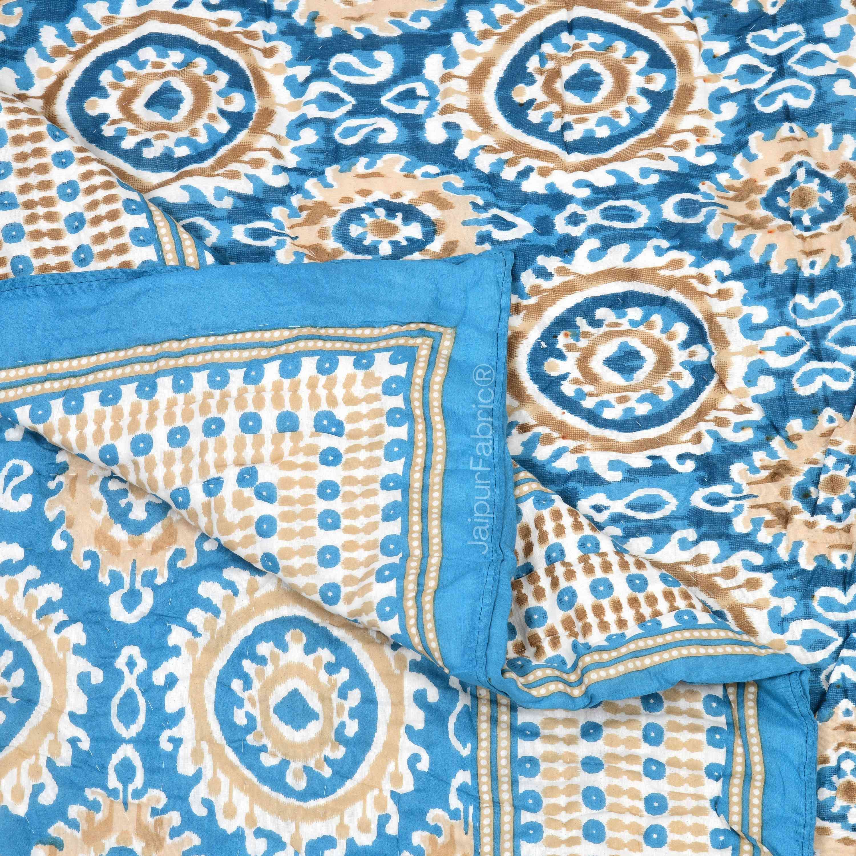 Peacock Elegance Reversible Vibrant Blue & Beige Motifs Double Bed Quilt Rajai
