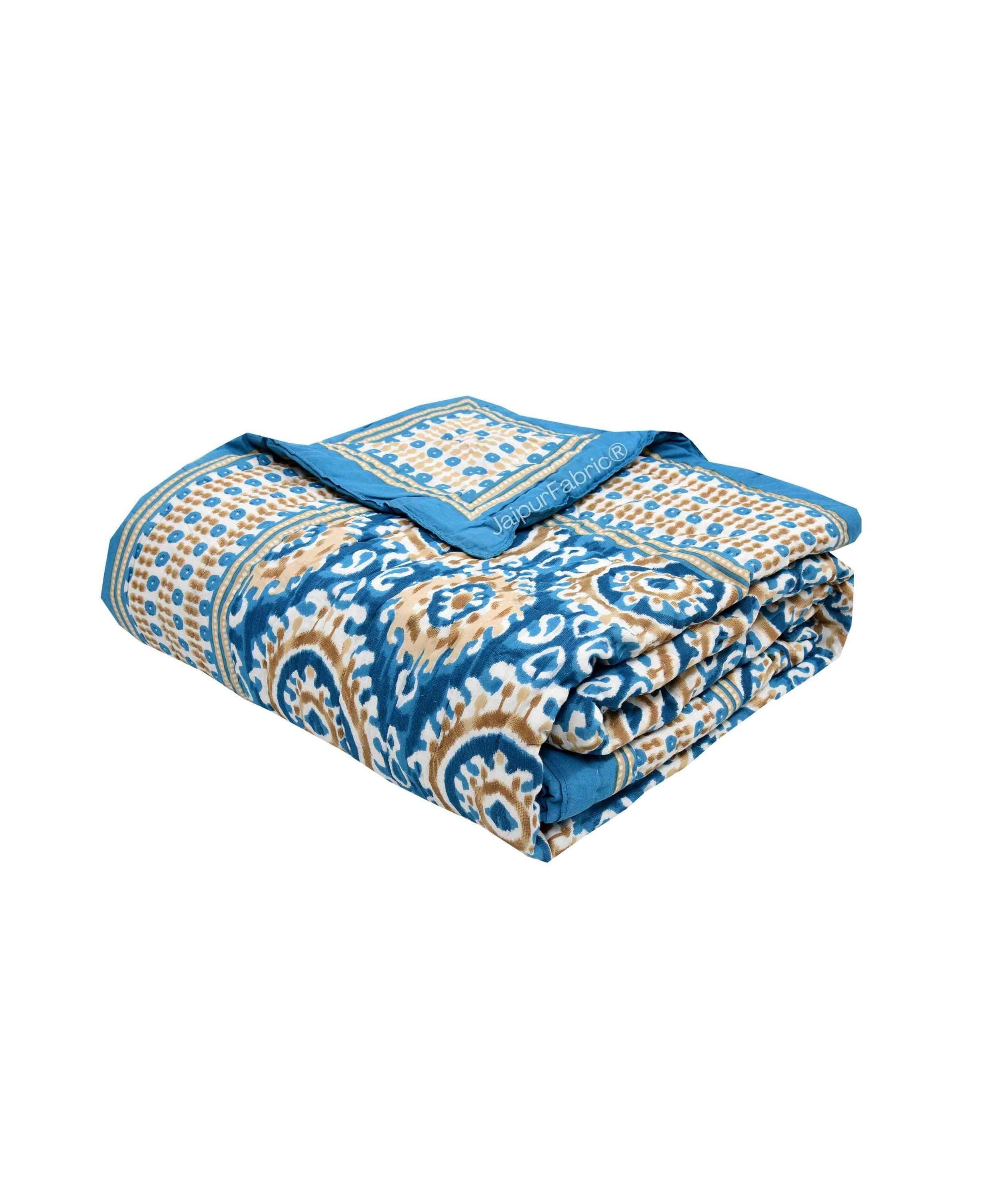 Peacock Elegance Reversible Vibrant Blue & Beige Motifs Double Bed Quilt Rajai