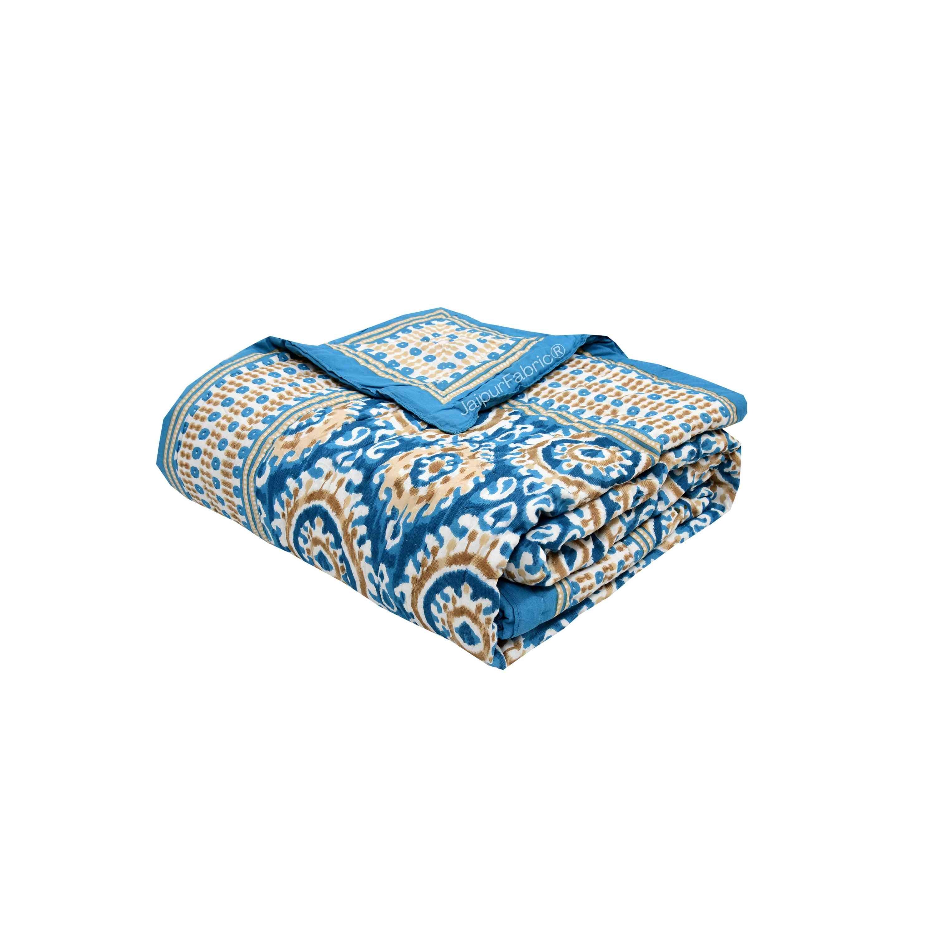 Peacock Elegance Reversible Vibrant Blue & Beige Motifs Double Bed Quilt Rajai