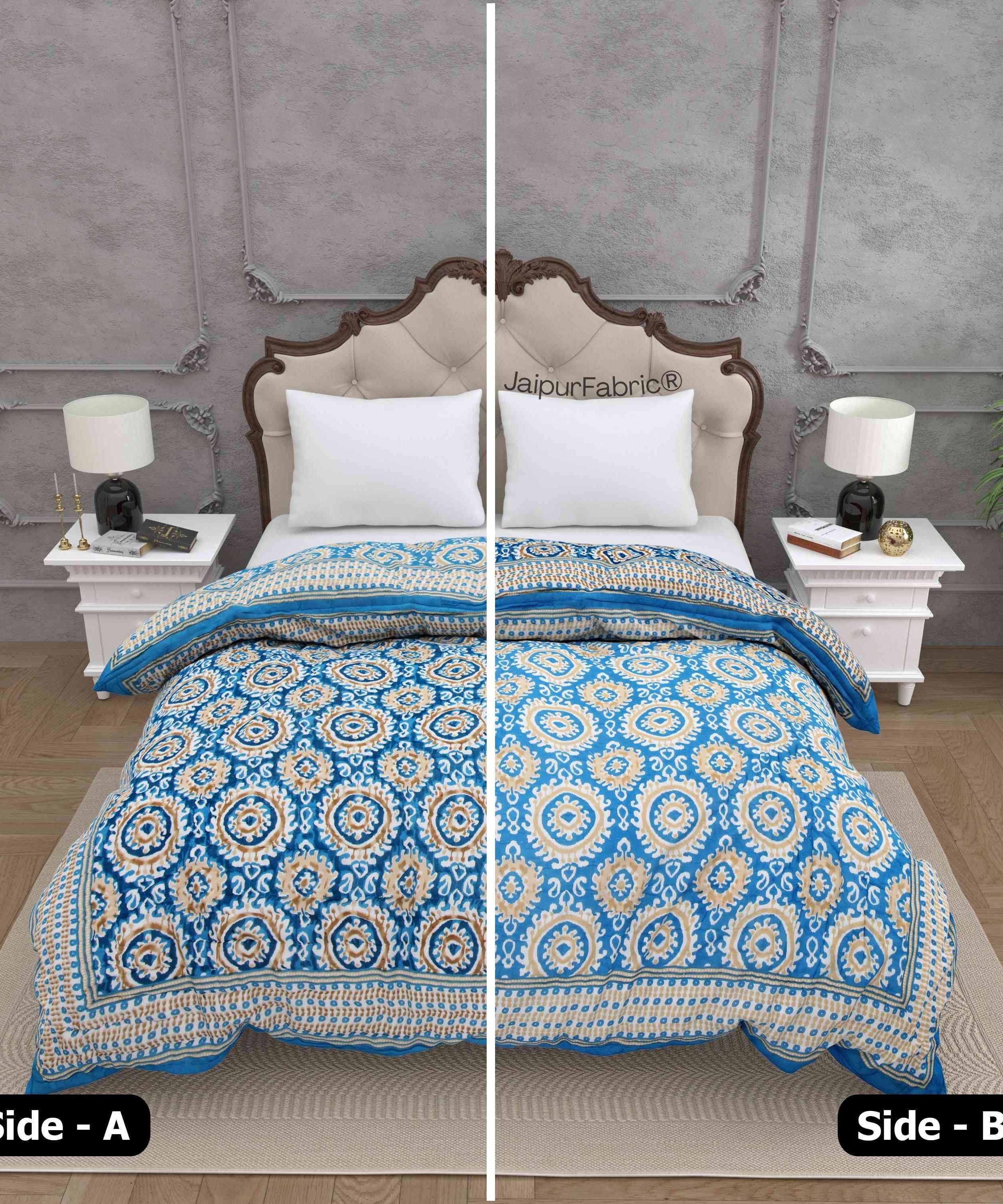 Peacock Elegance Reversible Vibrant Blue & Beige Motifs Double Bed Quilt Rajai