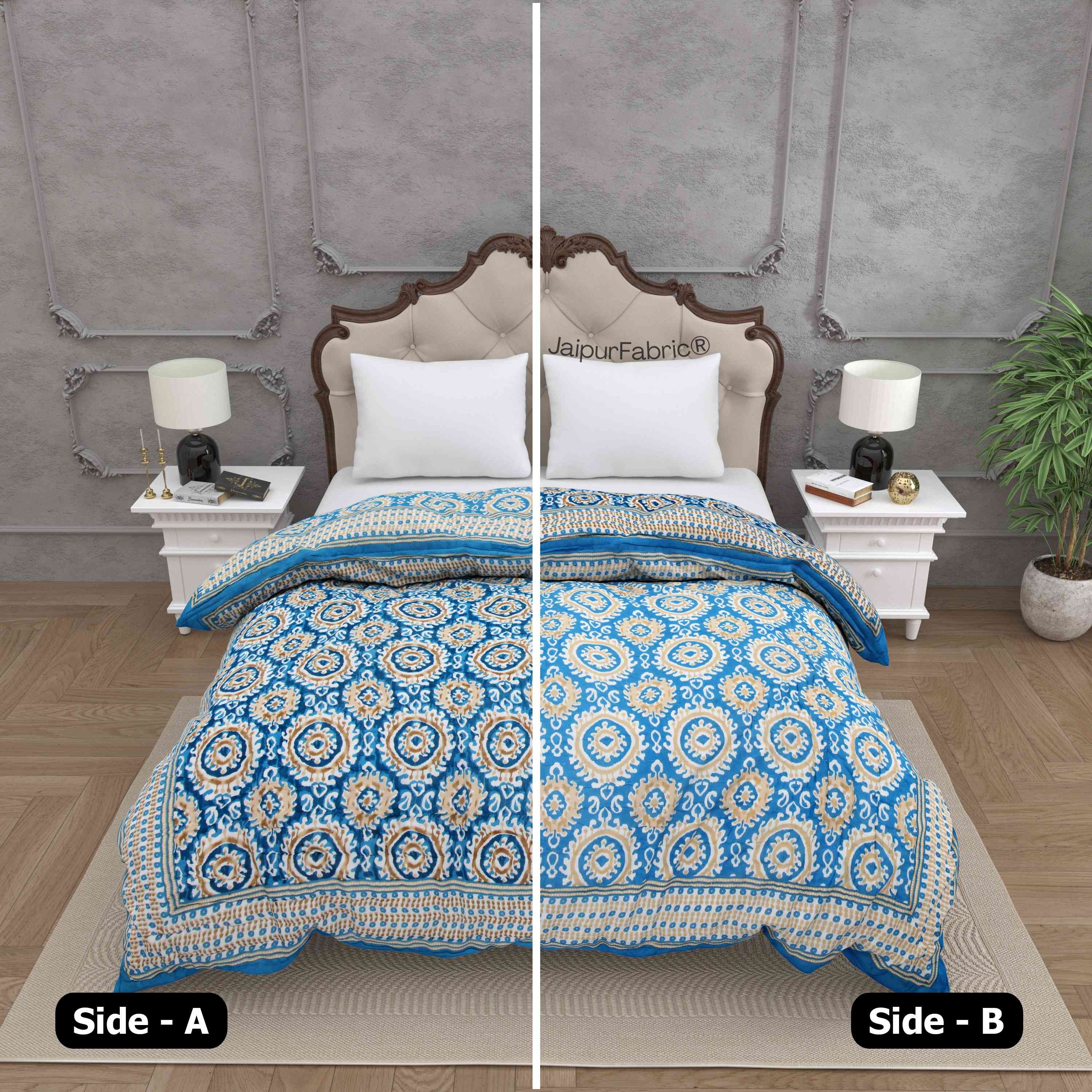 Peacock Elegance Reversible Vibrant Blue & Beige Motifs Double Bed Quilt Rajai