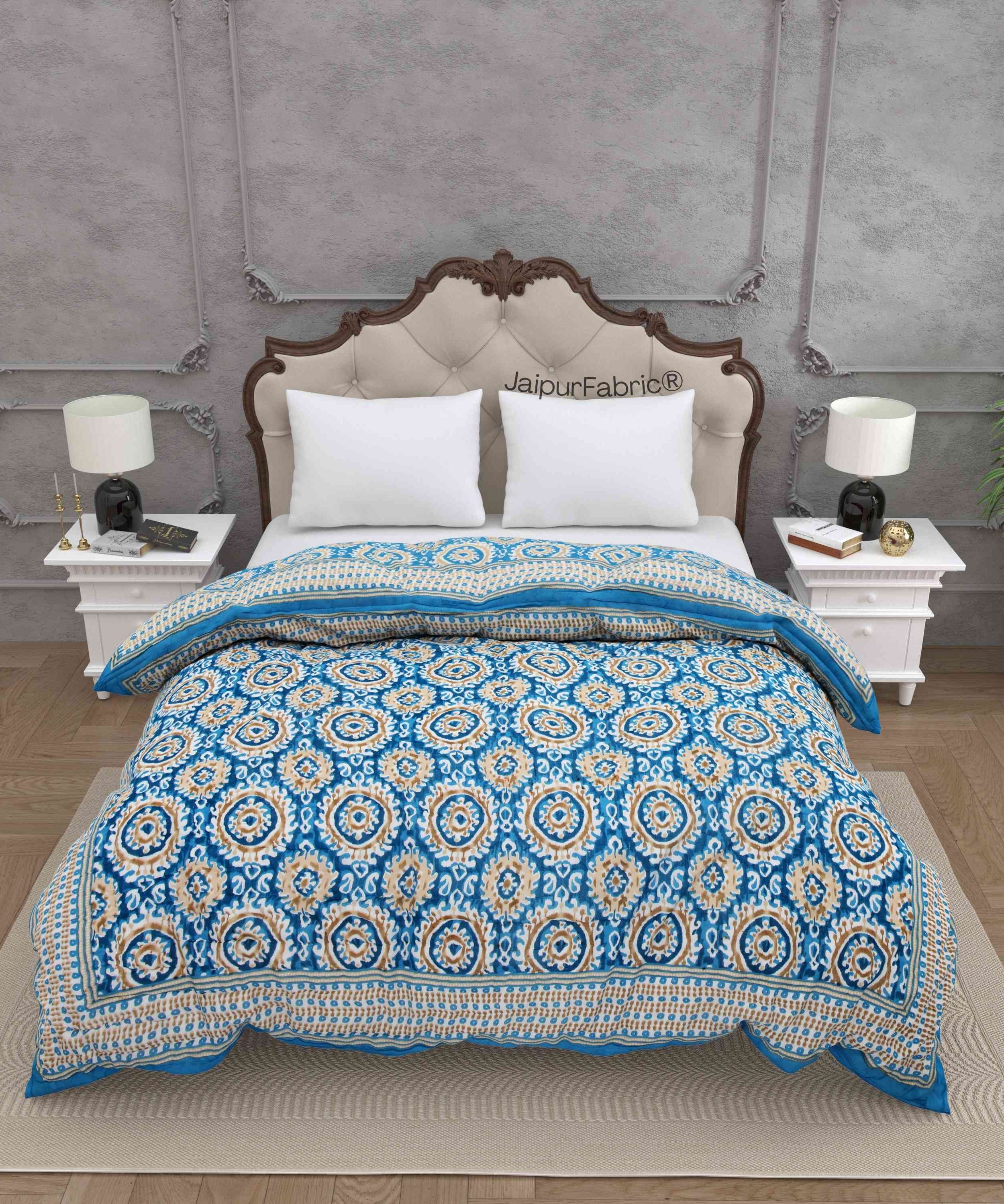 Peacock Elegance Reversible Vibrant Blue & Beige Motifs Double Bed Quilt Rajai