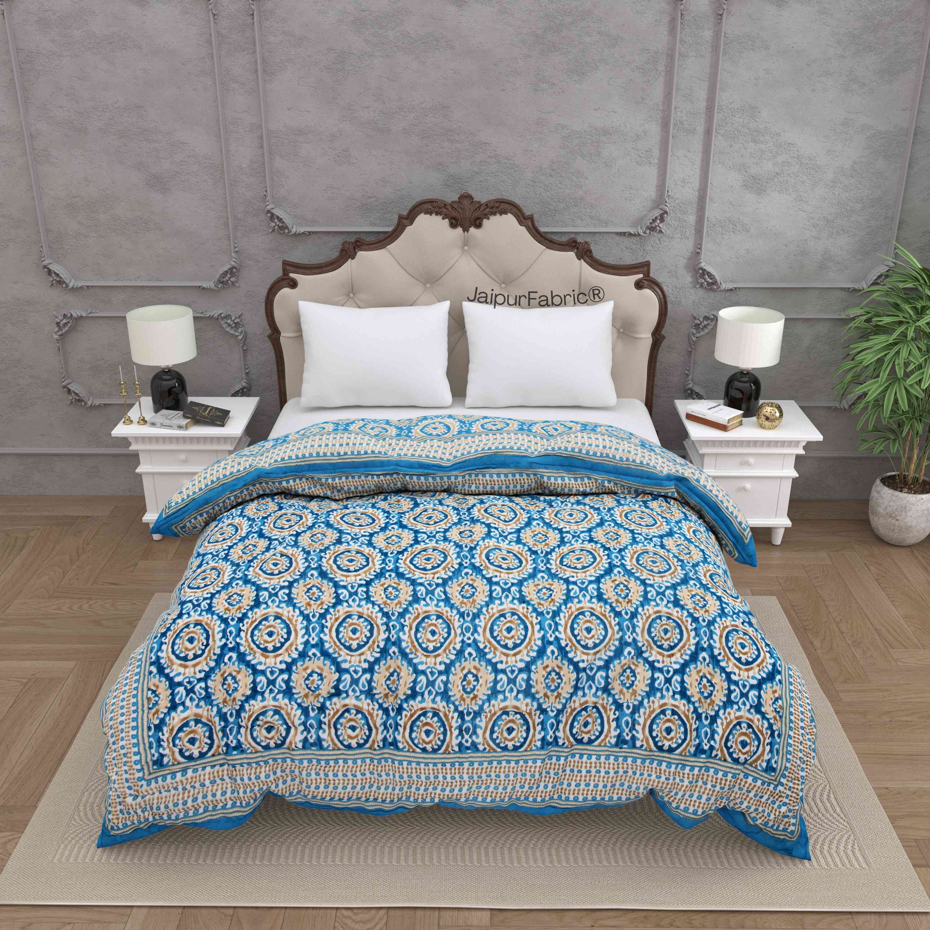 Peacock Elegance Reversible Vibrant Blue & Beige Motifs Double Bed Quilt Rajai