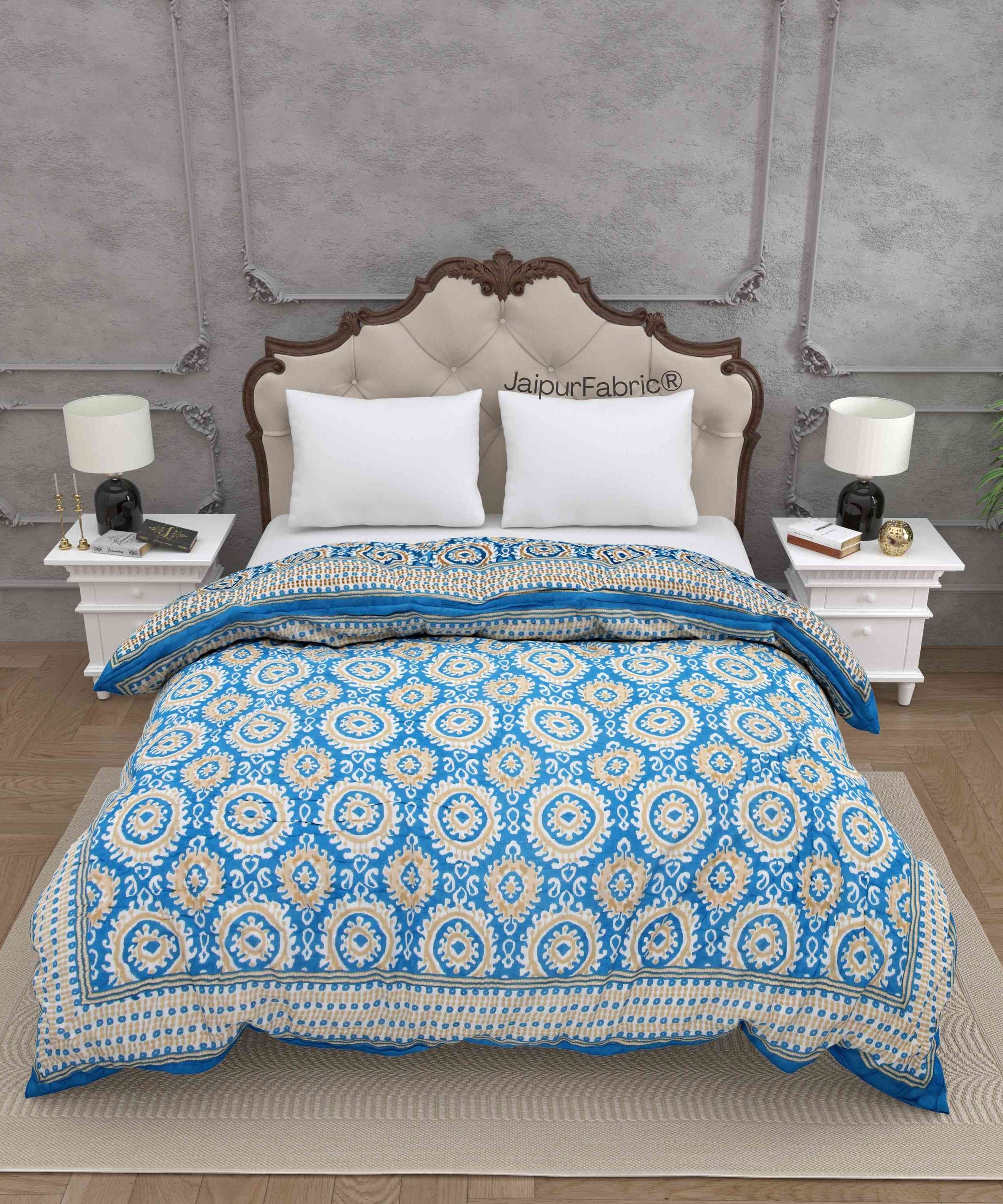 Peacock Elegance Reversible Vibrant Blue & Beige Motifs Double Bed Quilt Rajai