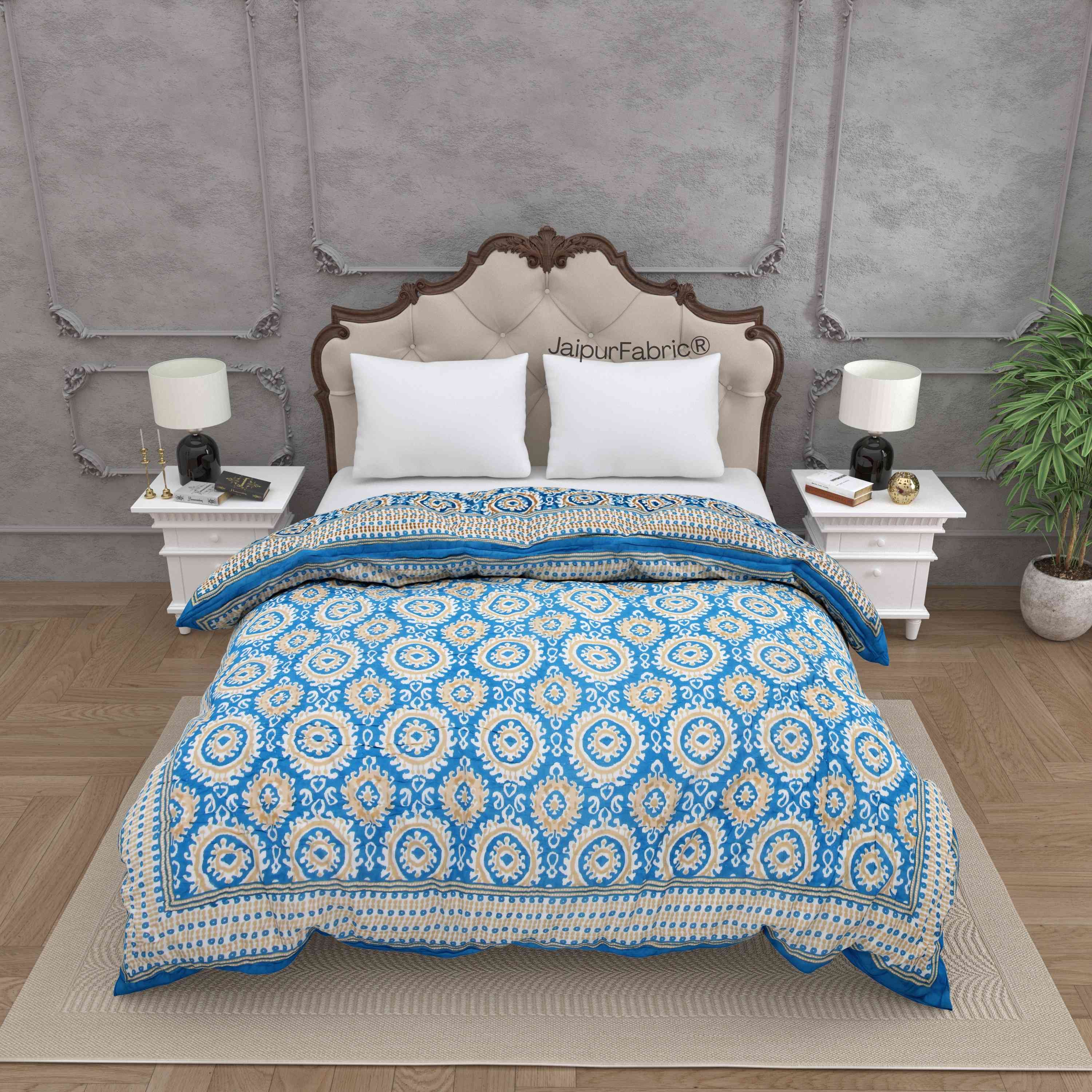 Peacock Elegance Reversible Vibrant Blue & Beige Motifs Double Bed Quilt Rajai