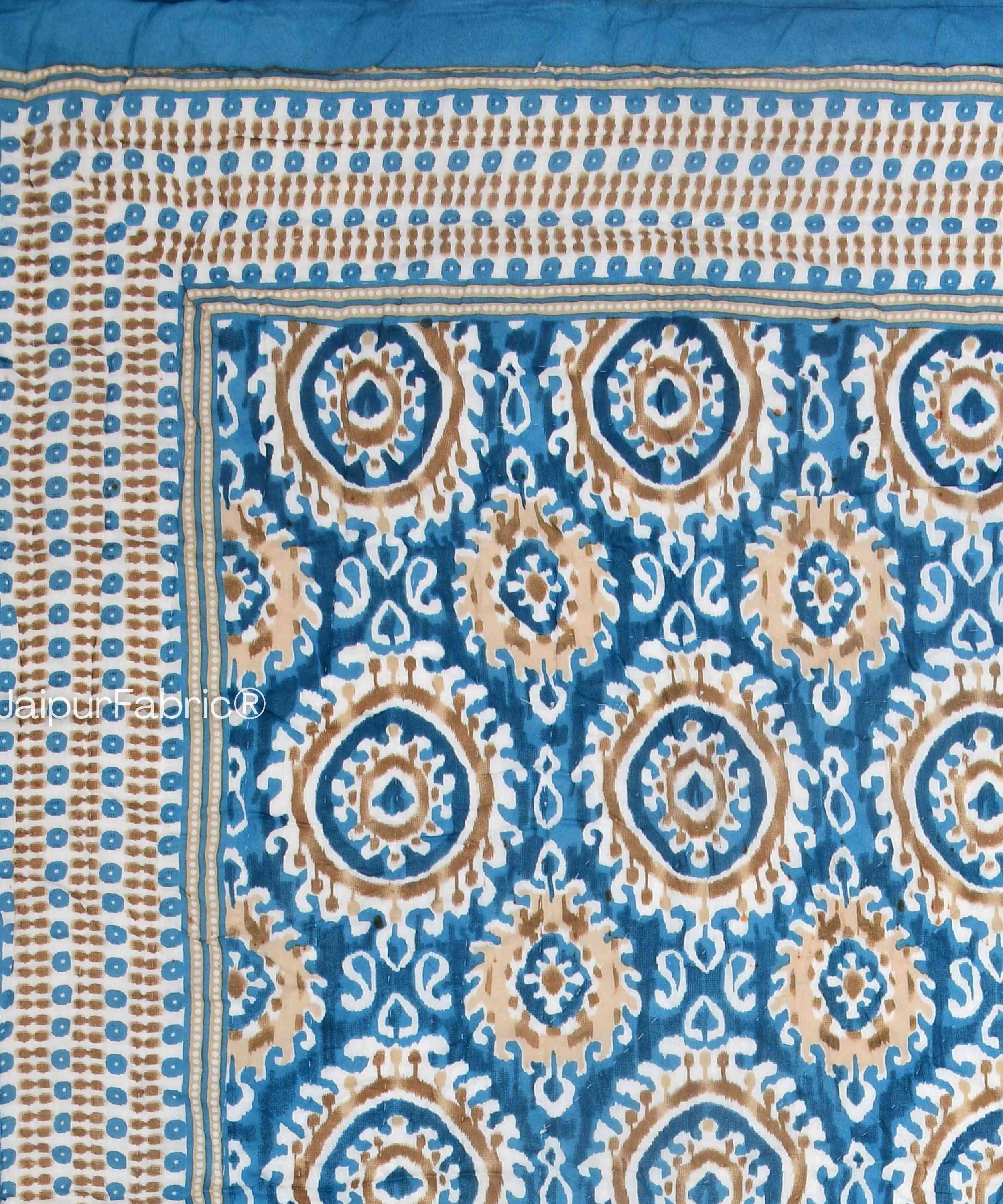 Peacock Elegance Reversible Vibrant Blue & Beige Motifs Double Bed Quilt Rajai