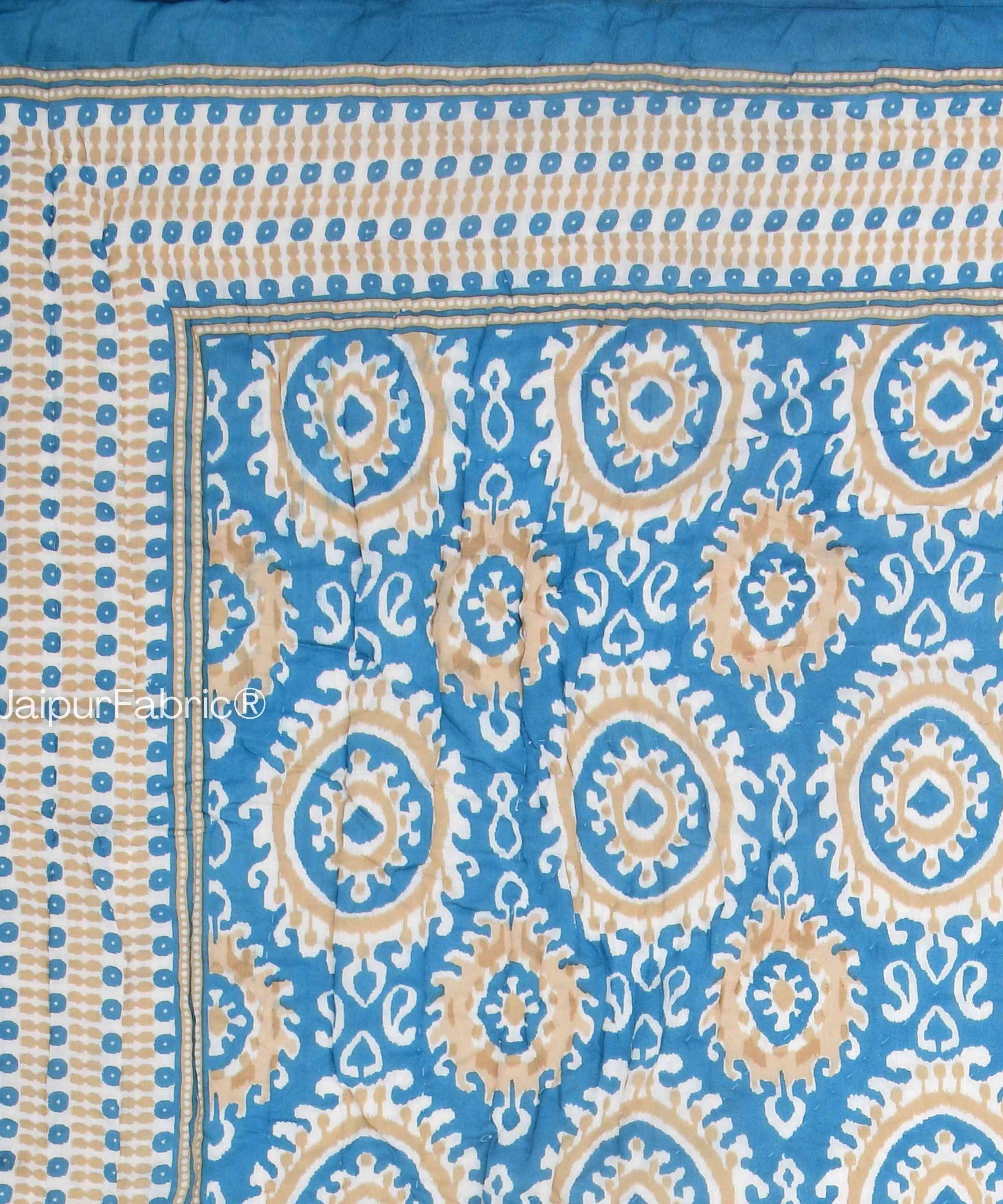 Peacock Elegance Reversible Vibrant Blue & Beige Motifs Double Bed Quilt Rajai