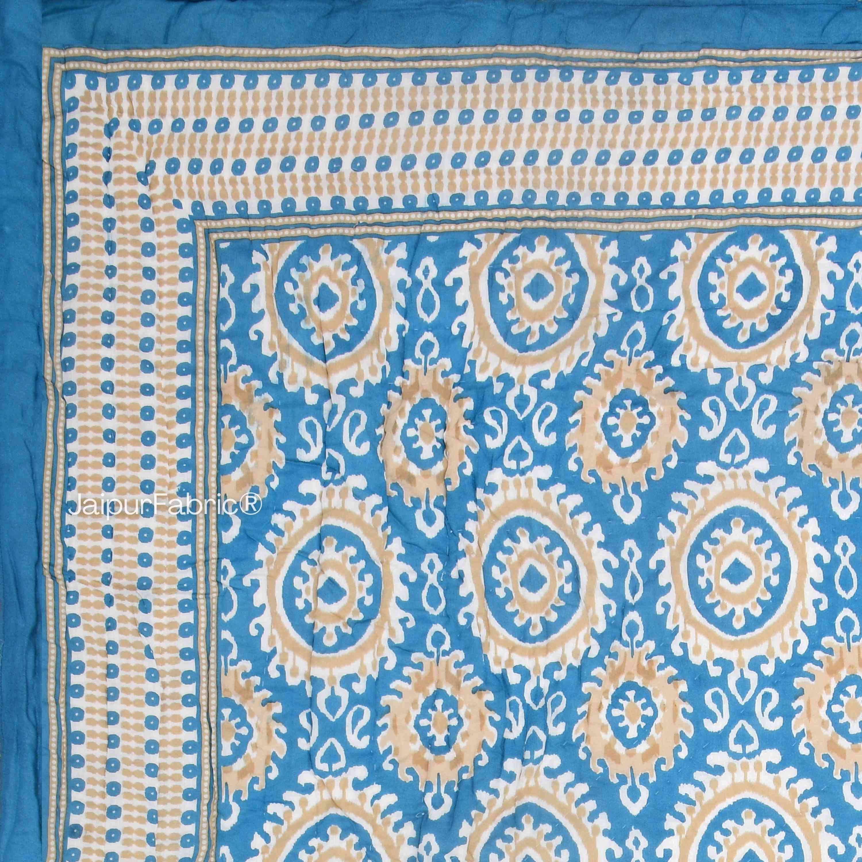 Peacock Elegance Reversible Vibrant Blue & Beige Motifs Double Bed Quilt Rajai