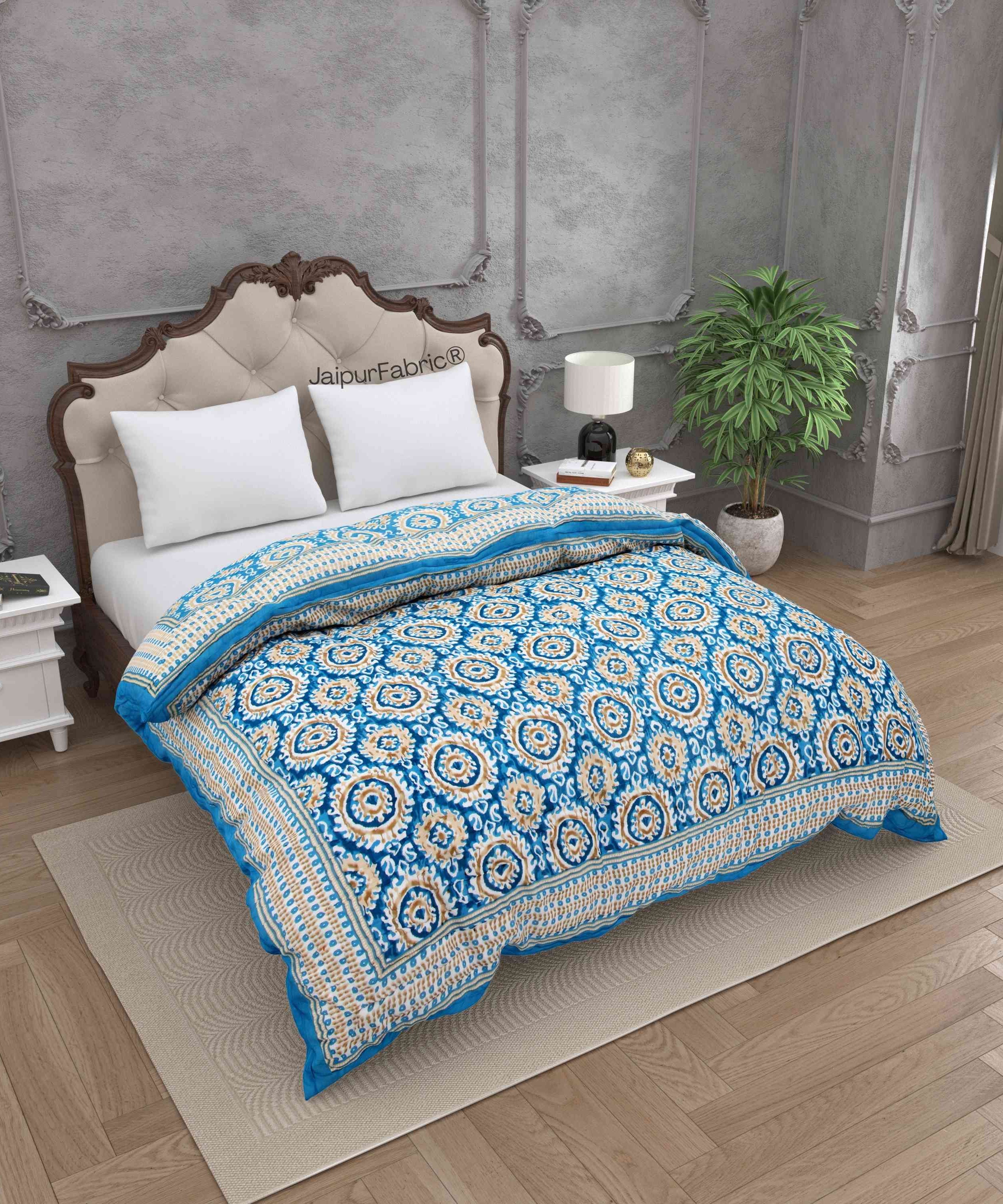Peacock Elegance Reversible Vibrant Blue & Beige Motifs Double Bed Quilt Rajai