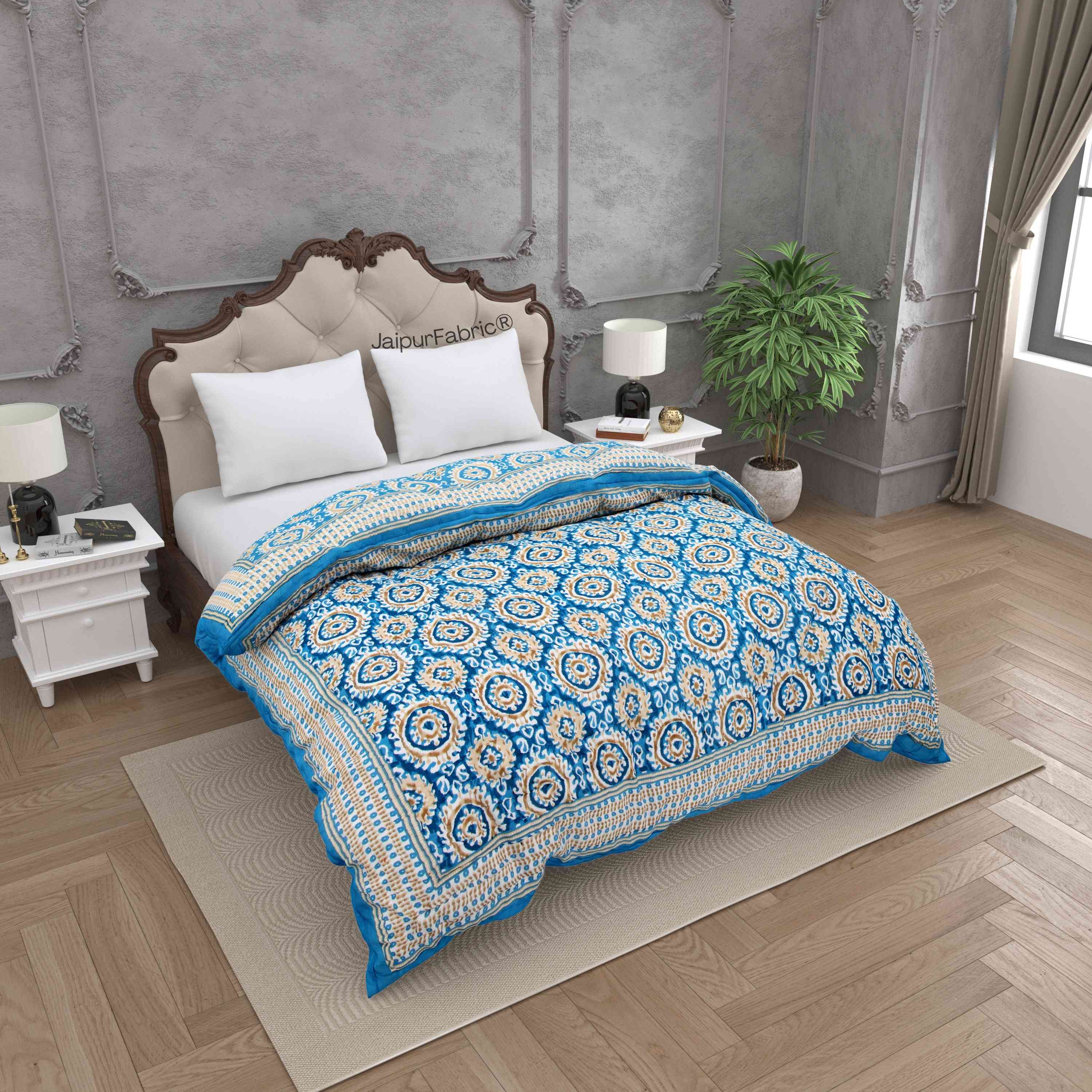 Peacock Elegance Reversible Vibrant Blue & Beige Motifs Double Bed Quilt Rajai