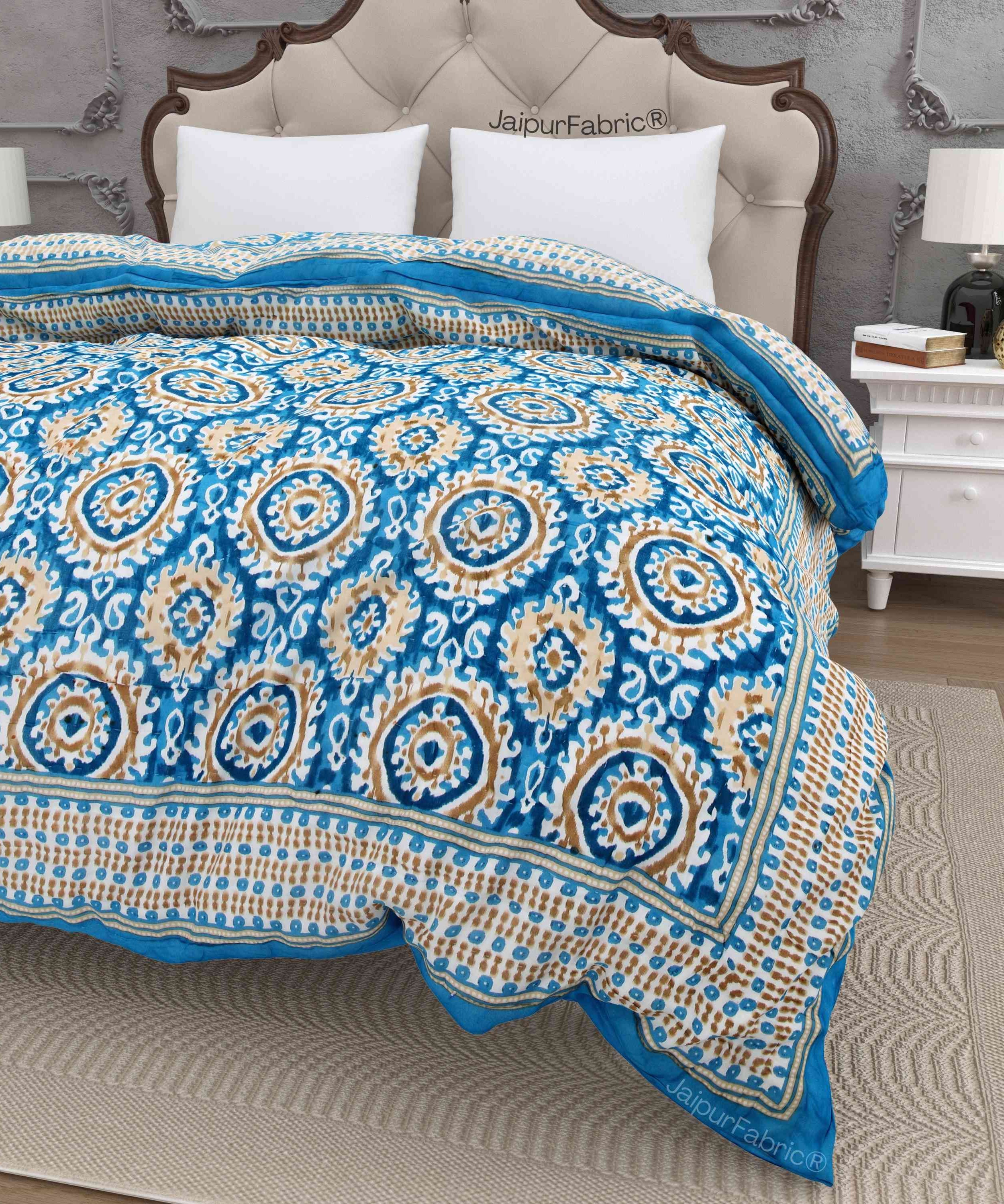 Peacock Elegance Reversible Vibrant Blue & Beige Motifs Double Bed Quilt Rajai