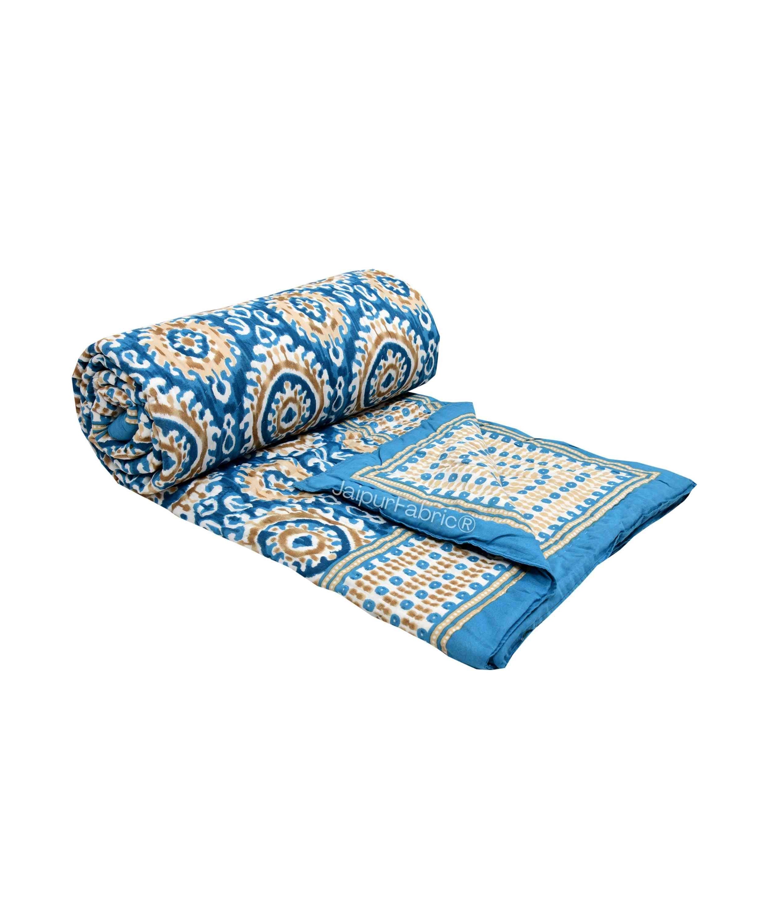 Peacock Elegance Reversible Vibrant Blue & Beige Motifs Double Bed Quilt Rajai