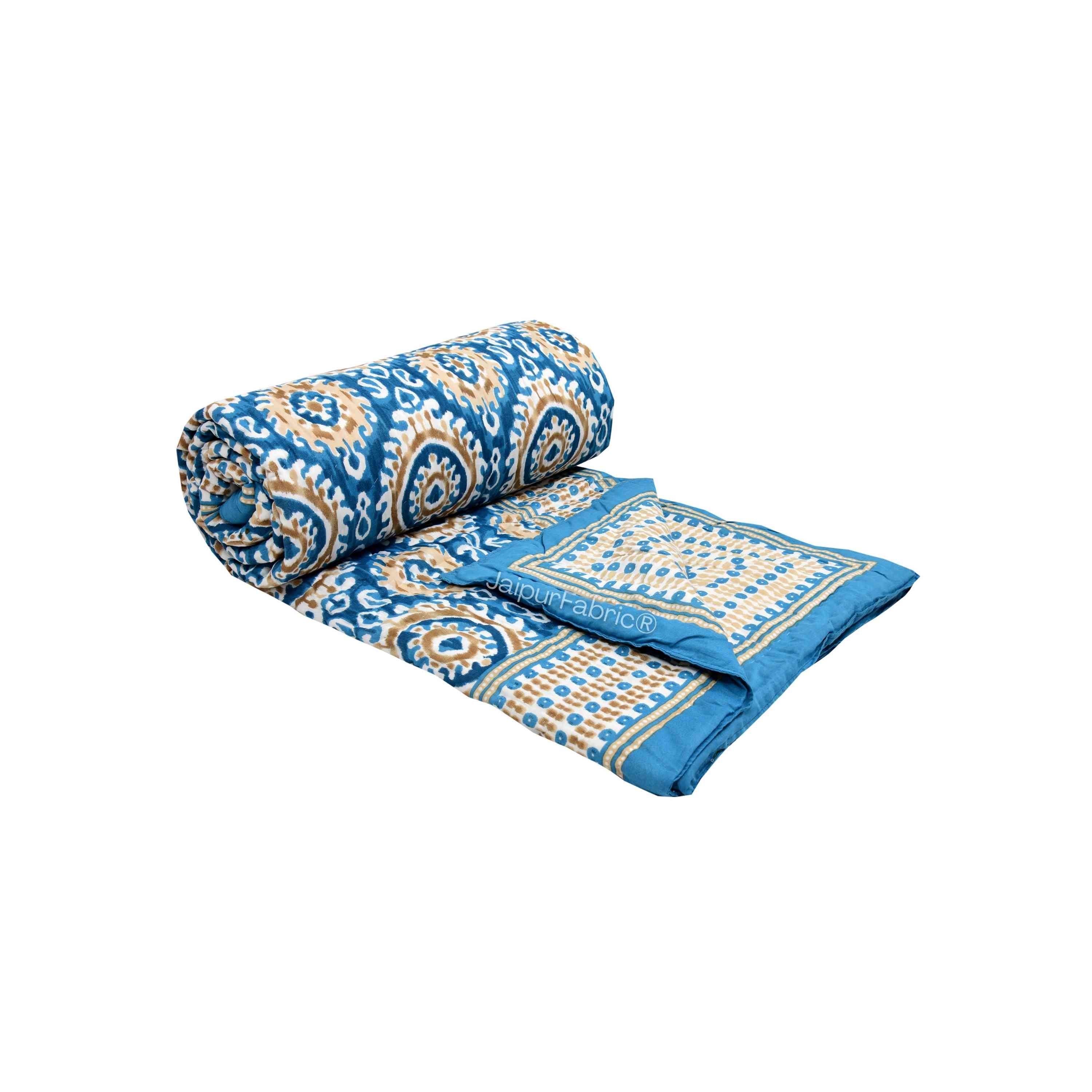 Peacock Elegance Reversible Vibrant Blue & Beige Motifs Double Bed Quilt Rajai