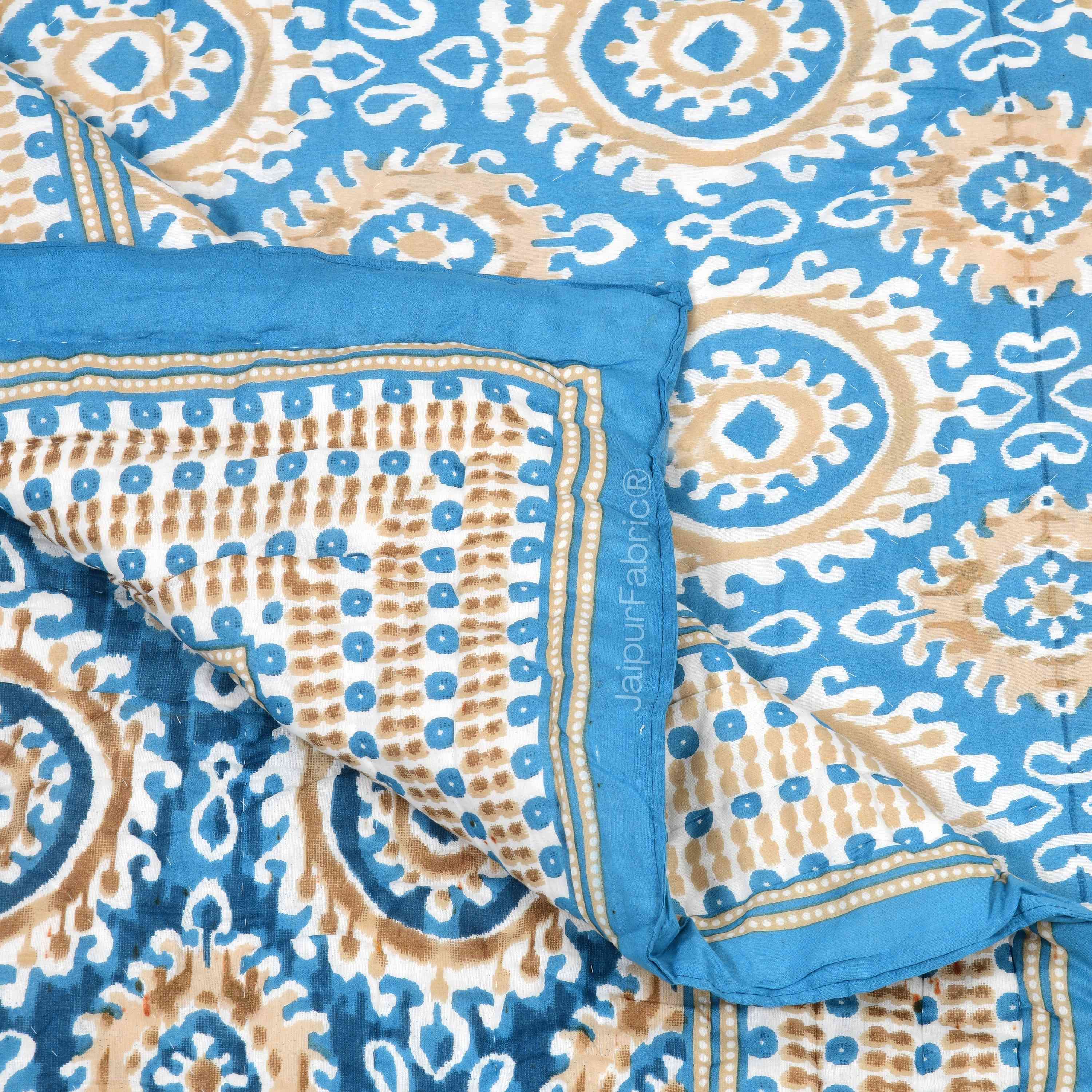 Peacock Elegance Reversible Vibrant Blue & Beige Motifs Double Bed Quilt Rajai
