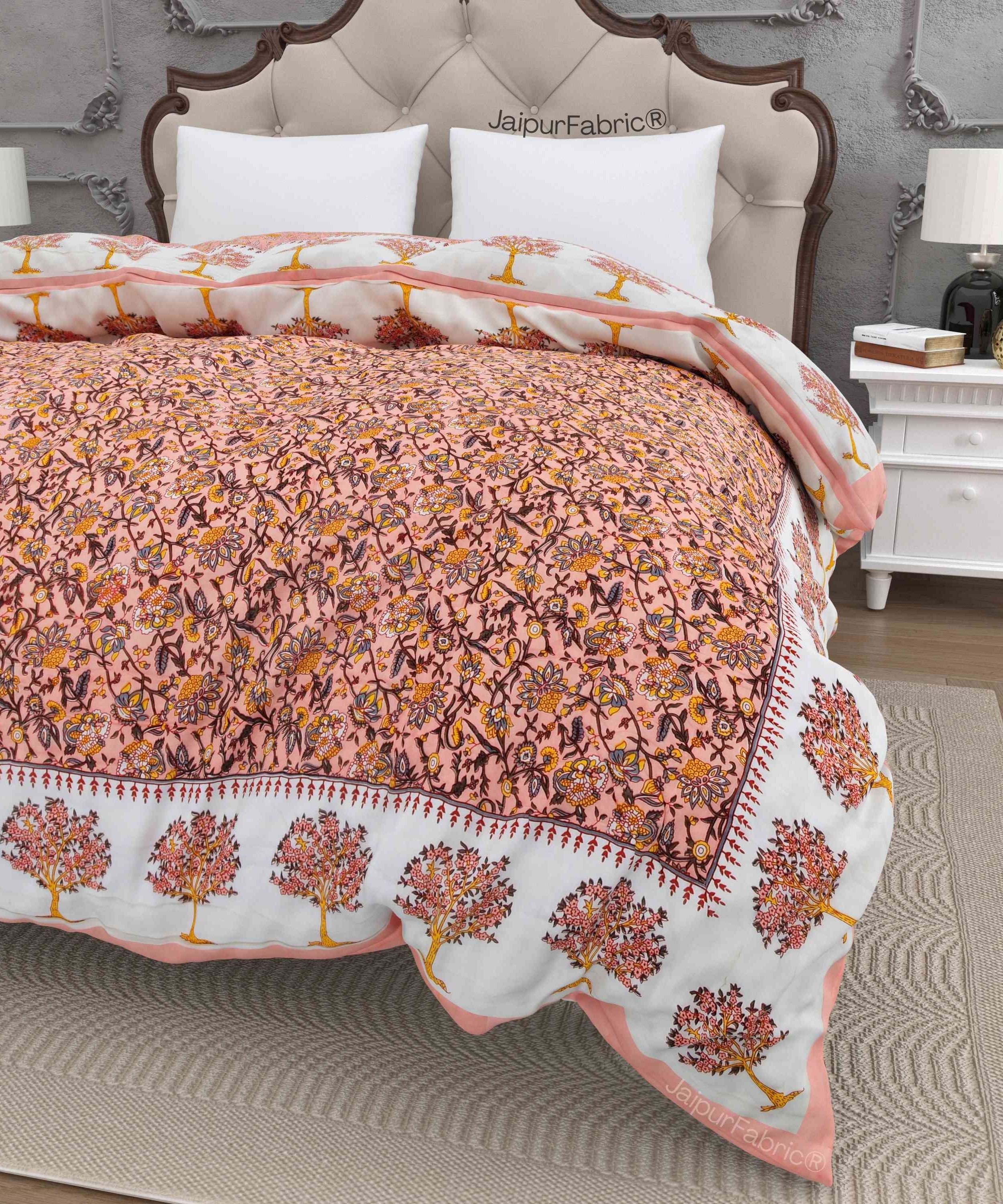 Traditional Tree Motifs Reversible Saffron Floral Print Double Sided Quilt Rajai