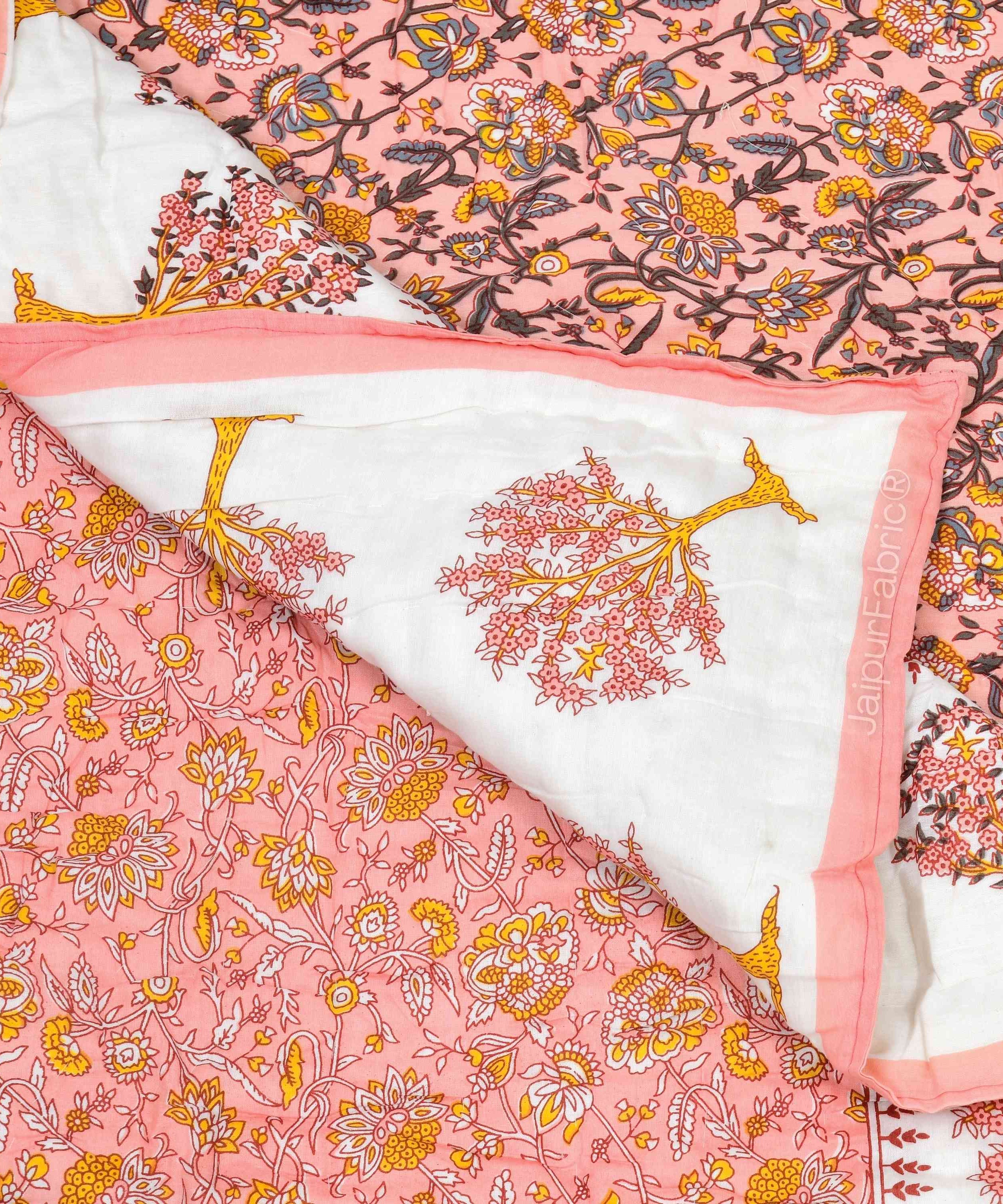 Traditional Tree Motifs Reversible Saffron Floral Print Double Sided Quilt Rajai